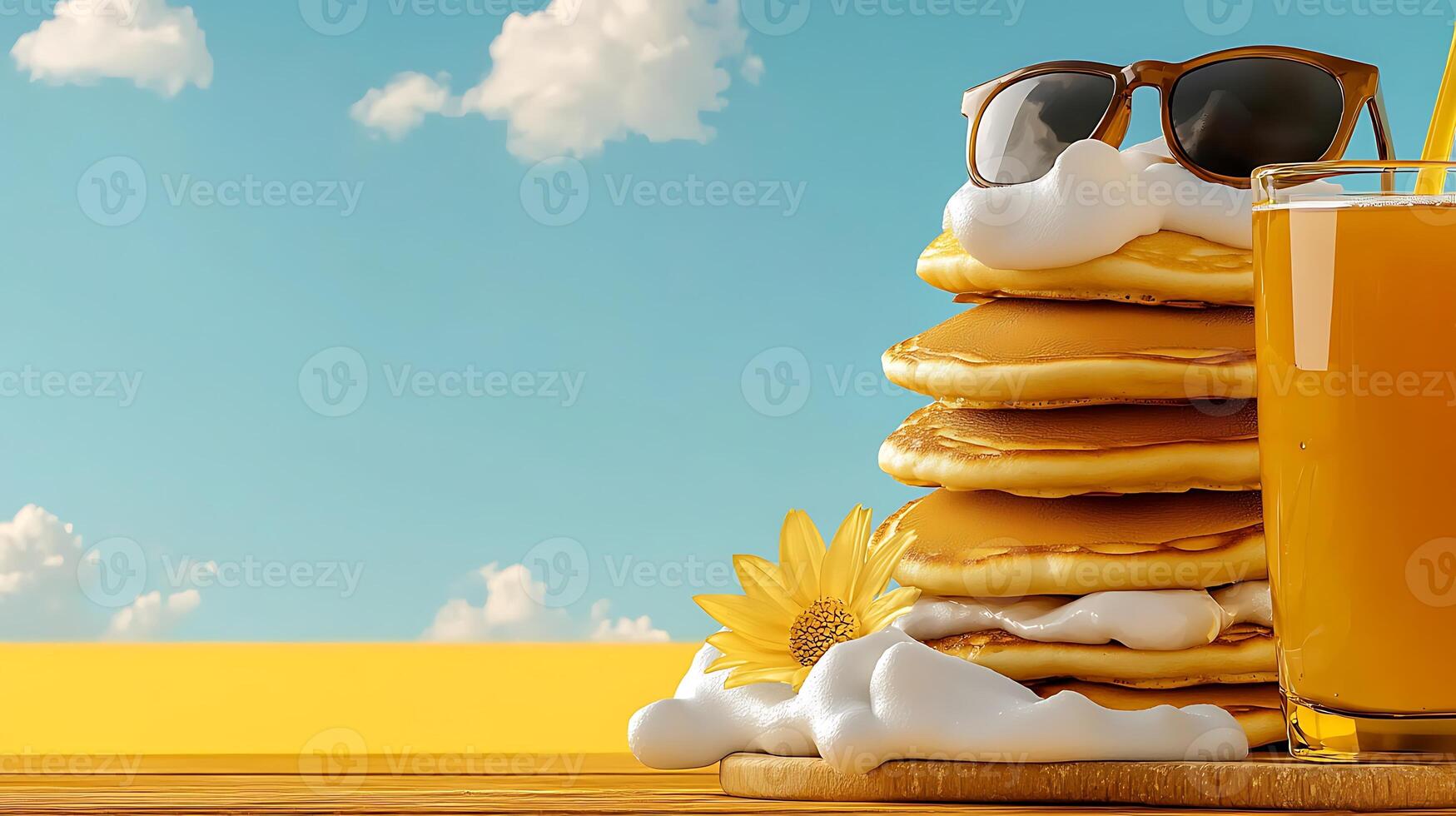 A stack of fluffy pancakes wearing sunglasses beside a frothy drink with a flower on a sunny day photo