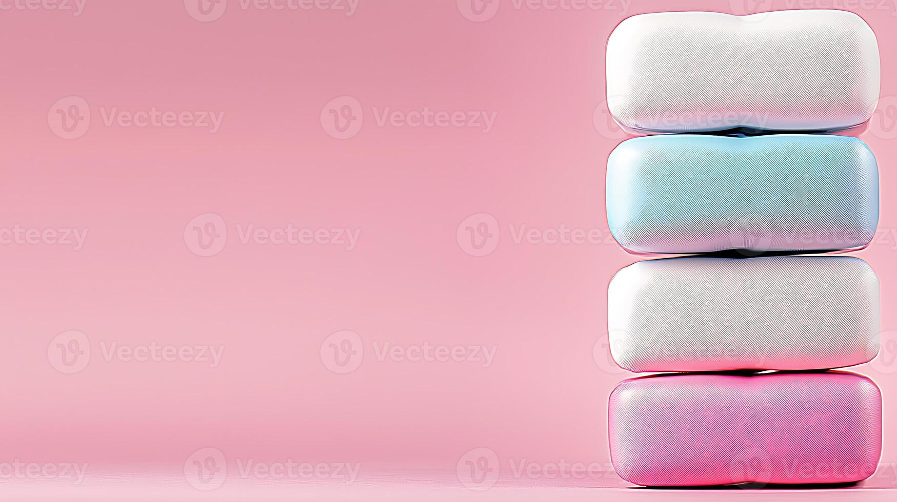 A stack of pastel-colored marshmallows on a soft pink background, perfect for food photography photo