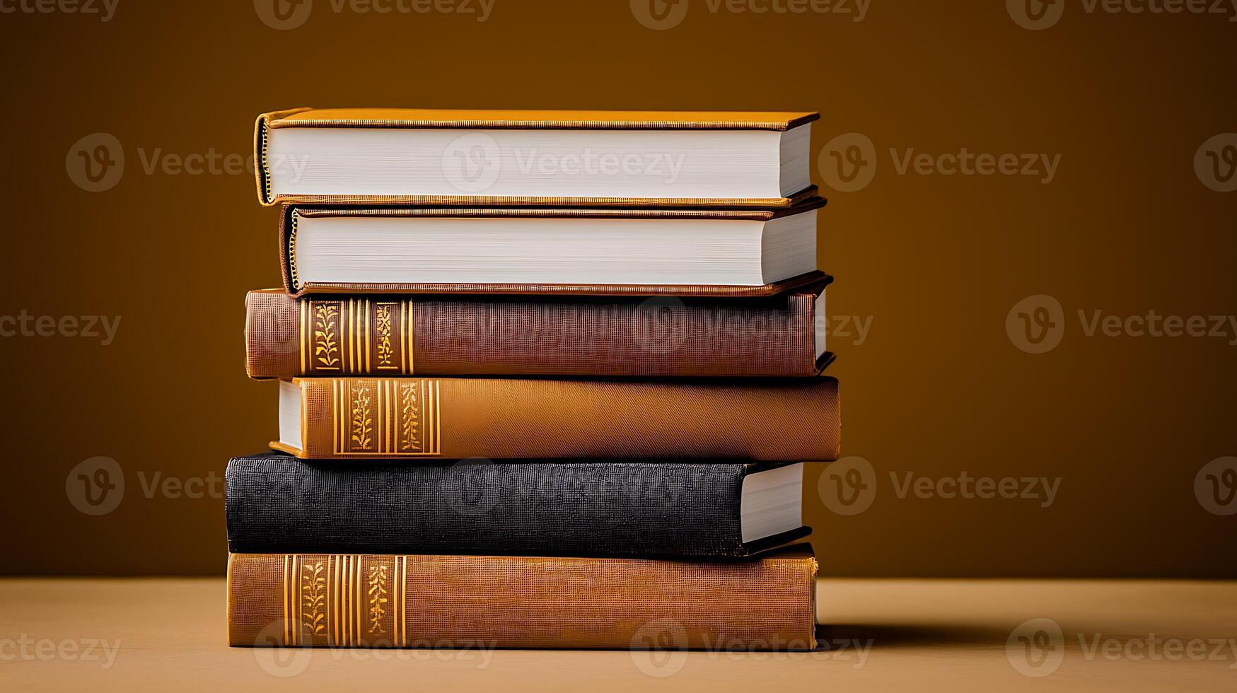 A stack of vintage books in warm tones on a simple background, perfect for educational themes photo