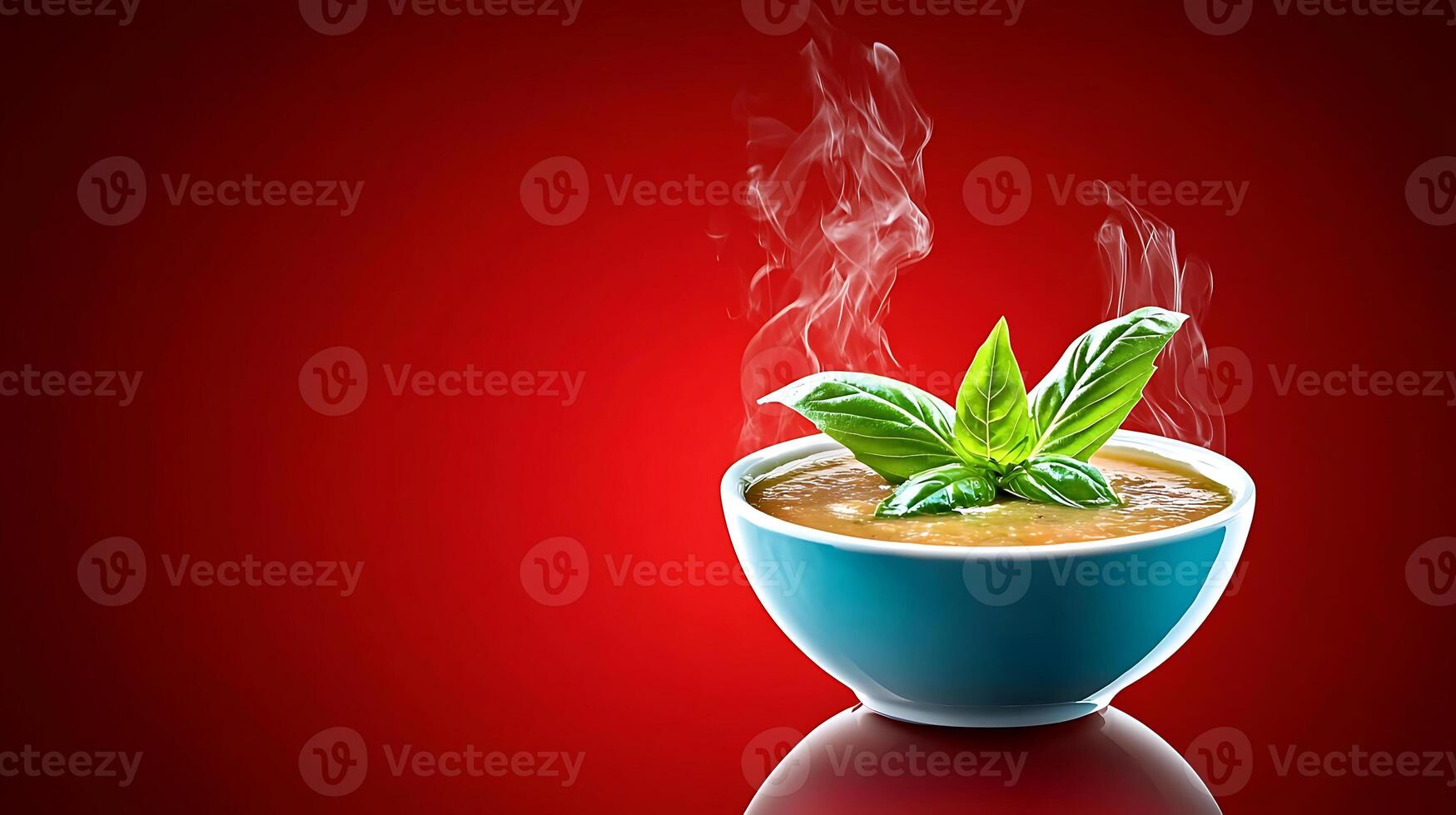 A steaming bowl of aromatic soup garnished with fresh basil leaves against a vibrant red background photo