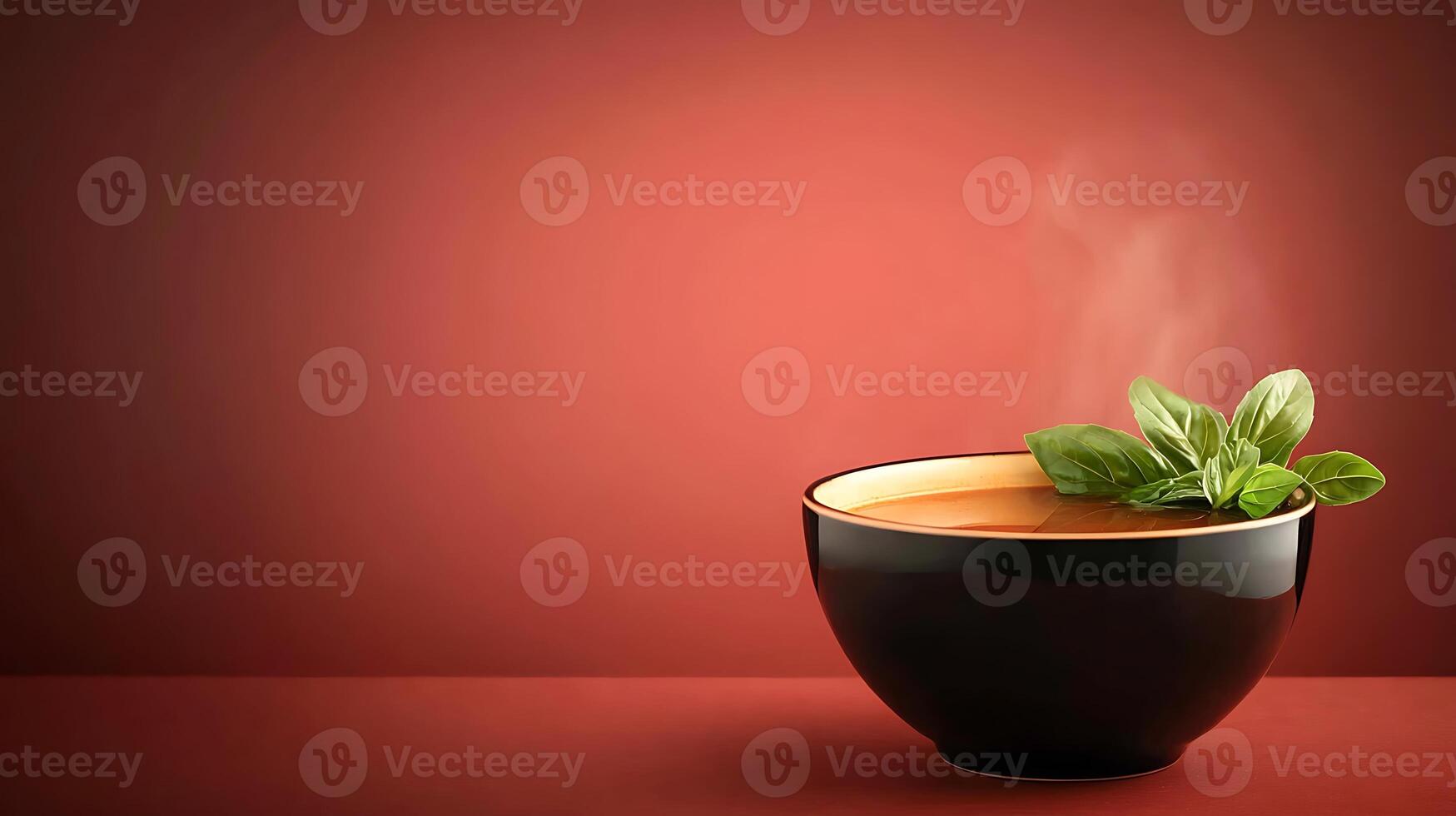 A steaming bowl of herbal tea garnished with fresh mint leaves against a warm red backdrop photo