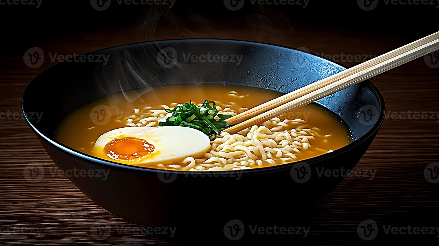 A steaming bowl of ramen with a soft-boiled egg and green onions, served in a dark setting photo