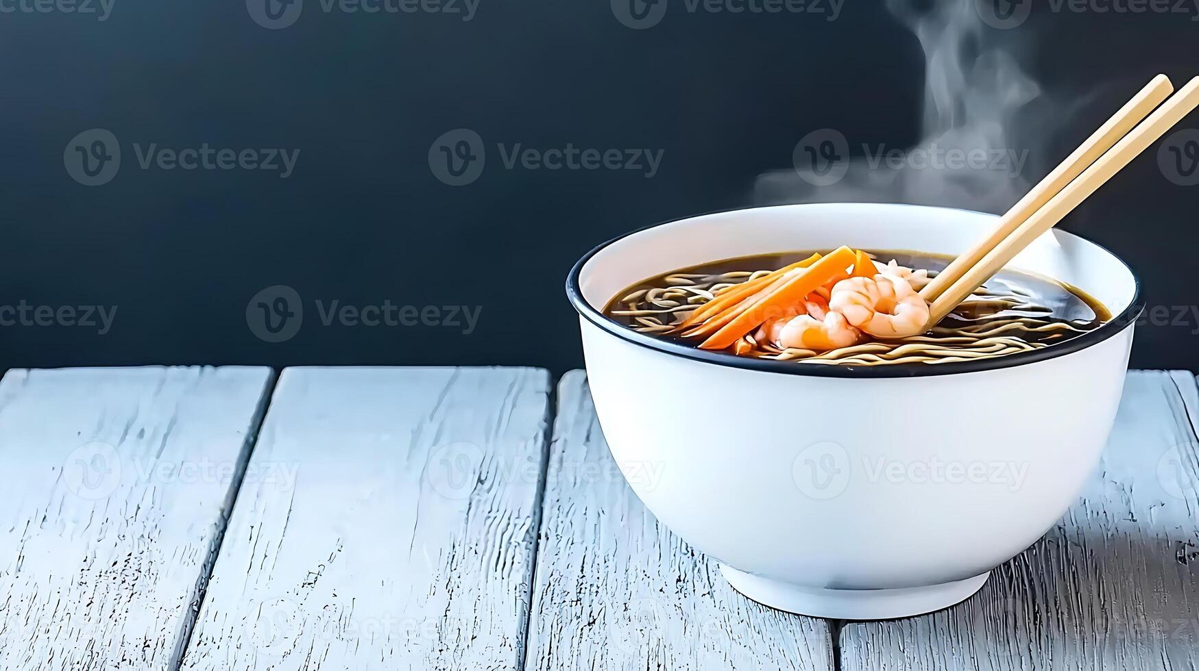A steaming bowl of shrimp ramen with vegetables on a rustic wooden table, evoking warmth photo
