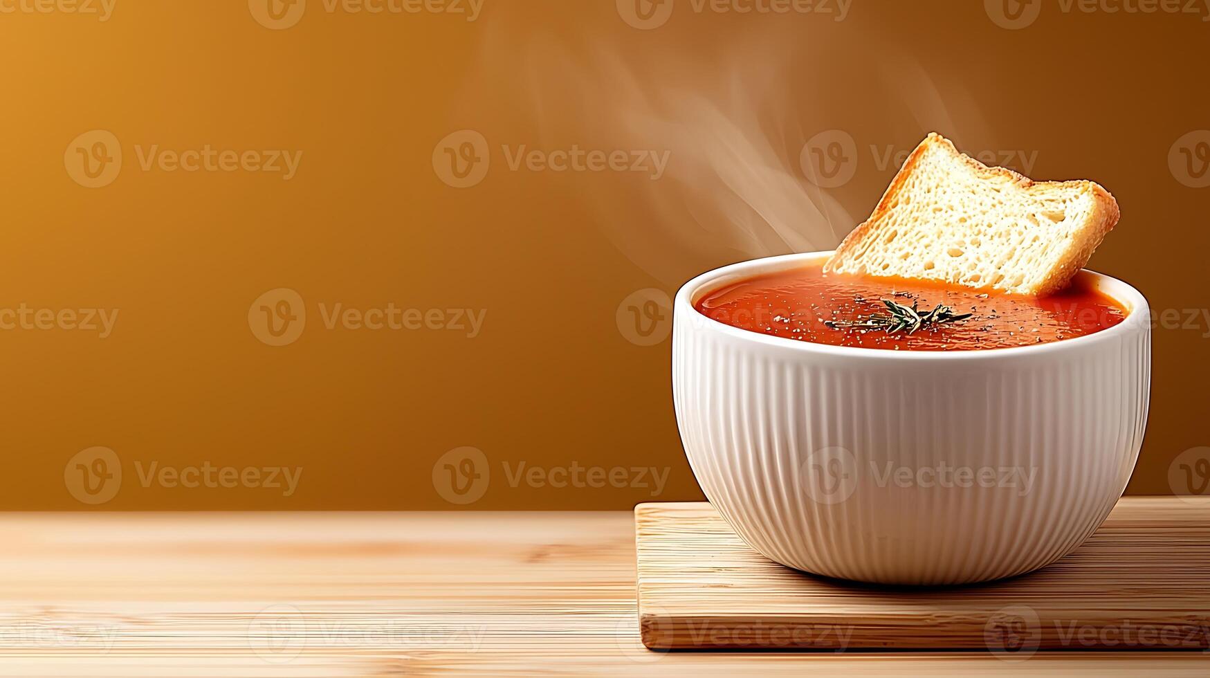 A steaming bowl of tomato soup with a slice of bread resting on the edge, set against a warm backdrop photo