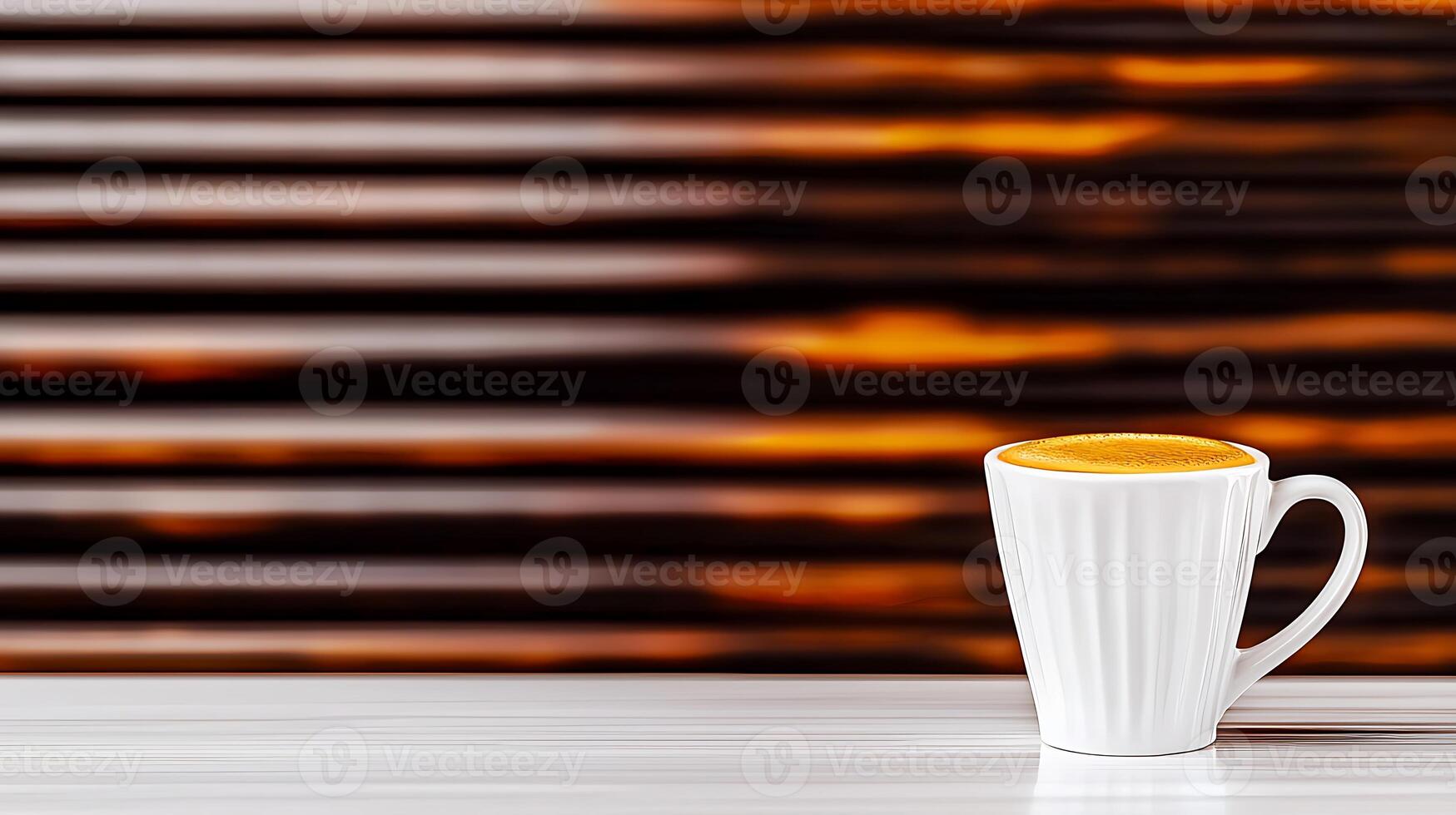 A steaming cup of coffee on a sleek table with a blurred warm background of horizontal lines photo