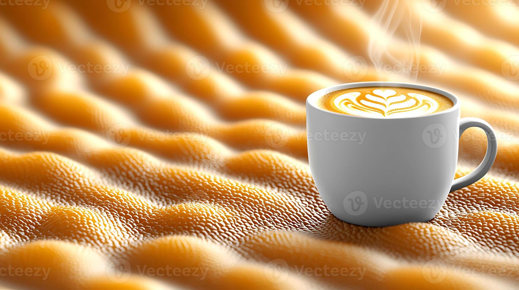 A steaming cup of coffee with latte art sits on a textured orange surface, evoking warmth and comfort photo