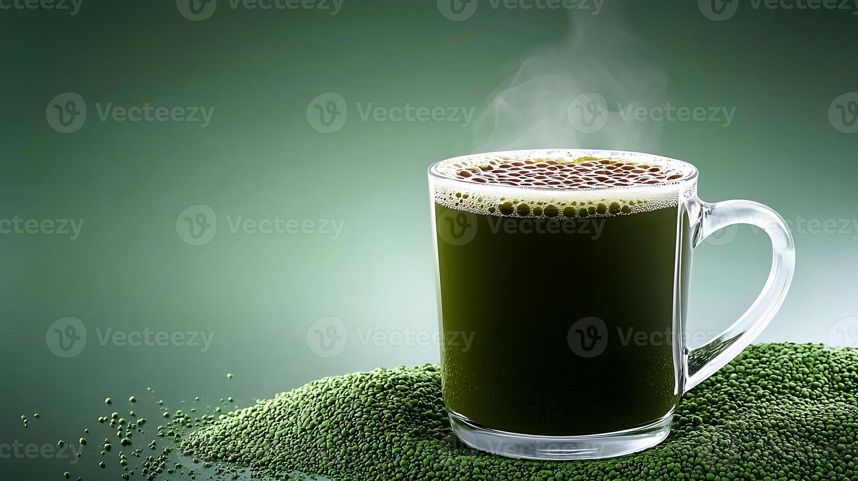 A steaming cup of green tea placed on a mound of tea leaves against a soft green backdrop photo