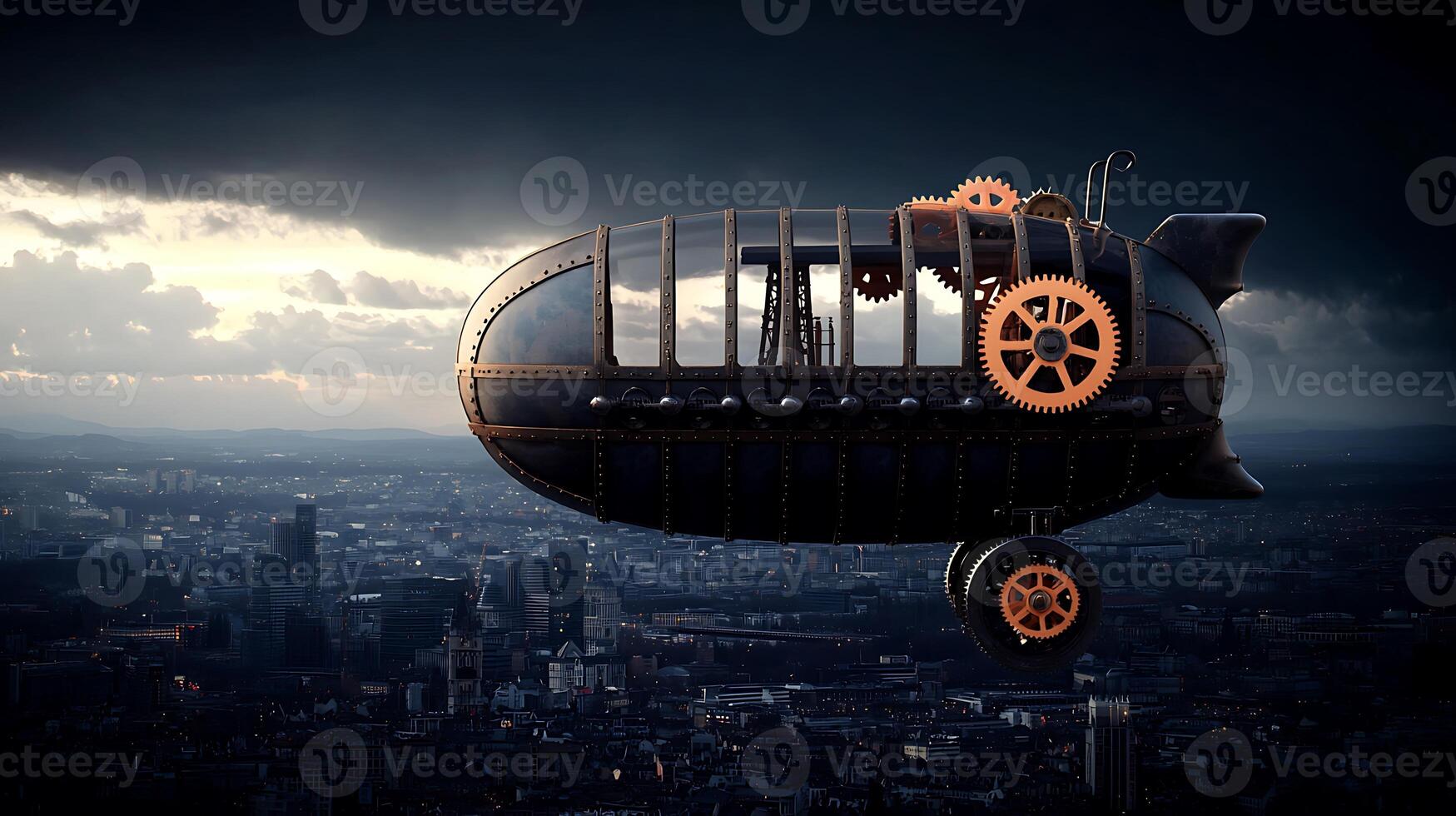 A steampunk airship glides over a city skyline under a dramatic stormy sky backdrop photo