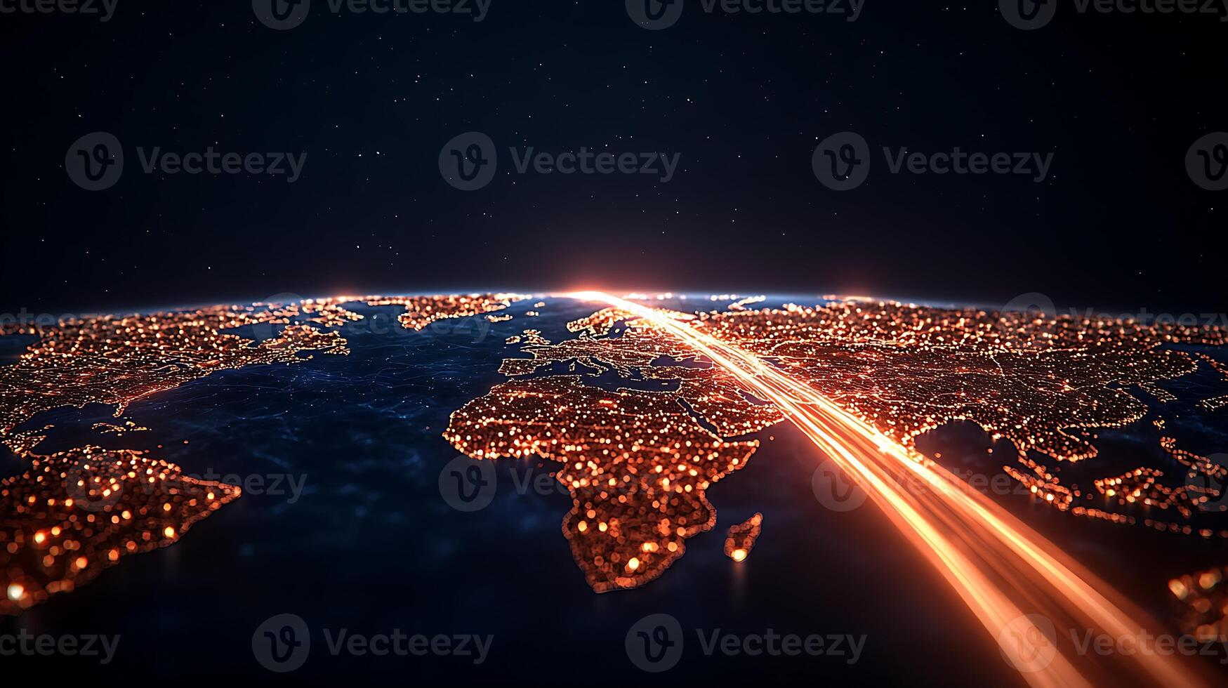 A stunning aerial view of Earth at night showcasing illuminated cities and vibrant landscapes photo