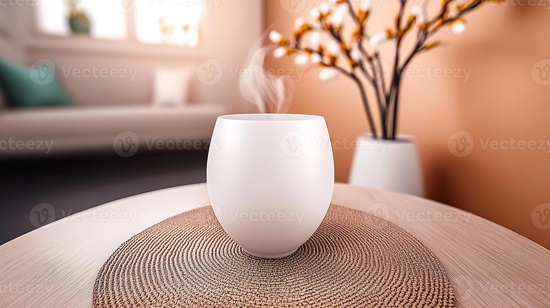 A steaming white cup placed on a round mat, with a cozy living room in the background photo