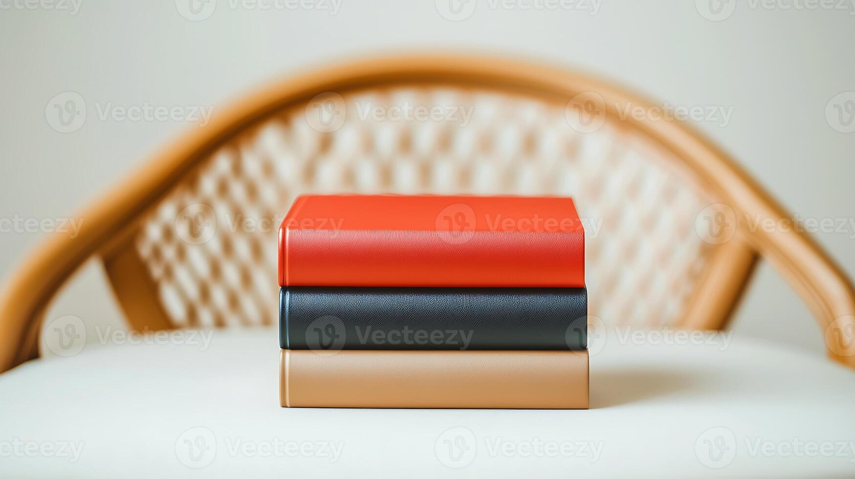 A stylish arrangement of three colorful books stacked on a modern chair in a minimalist setting photo
