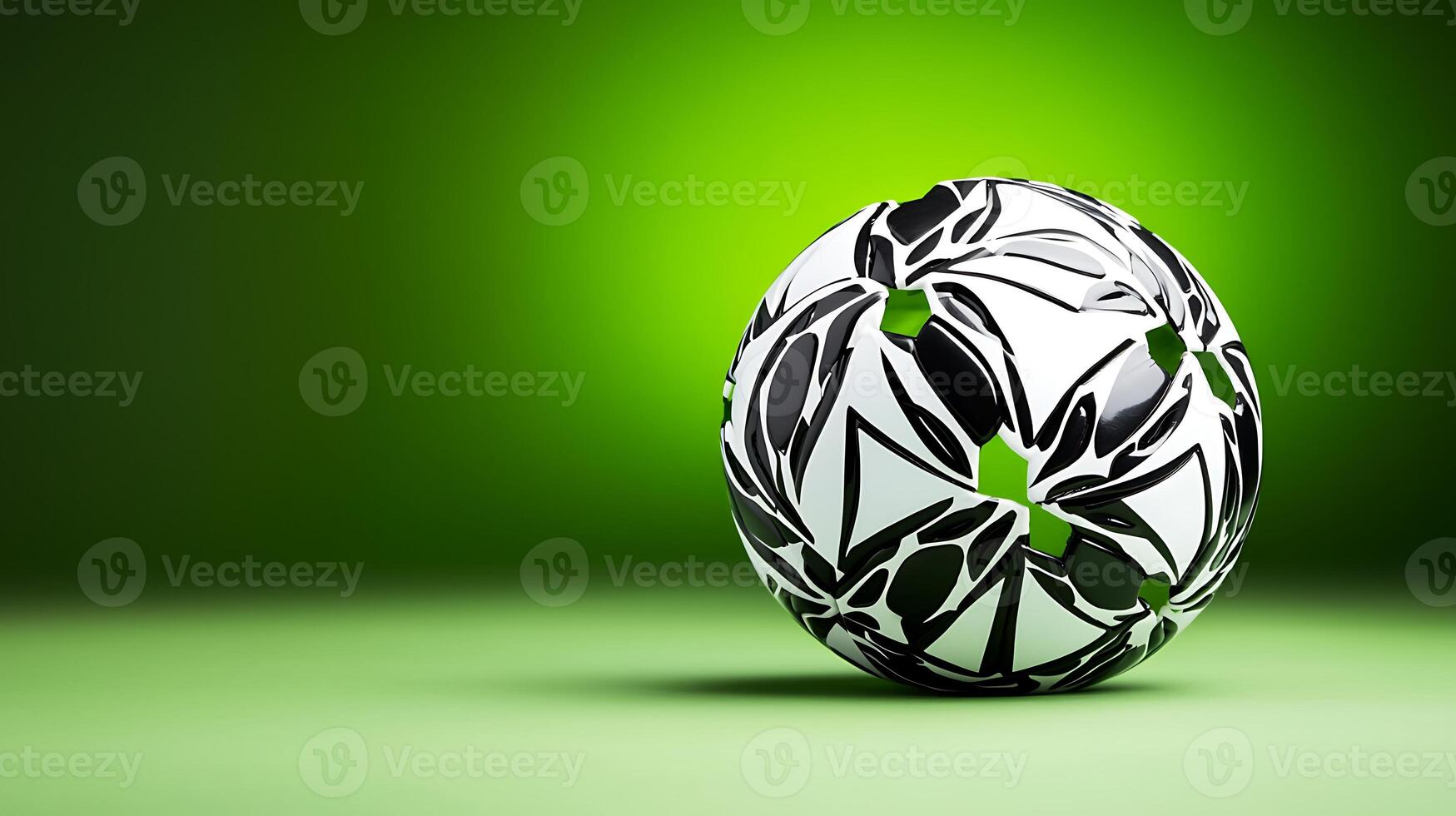 A stylish black and white soccer ball resting on a vibrant green background, showcasing modern design photo