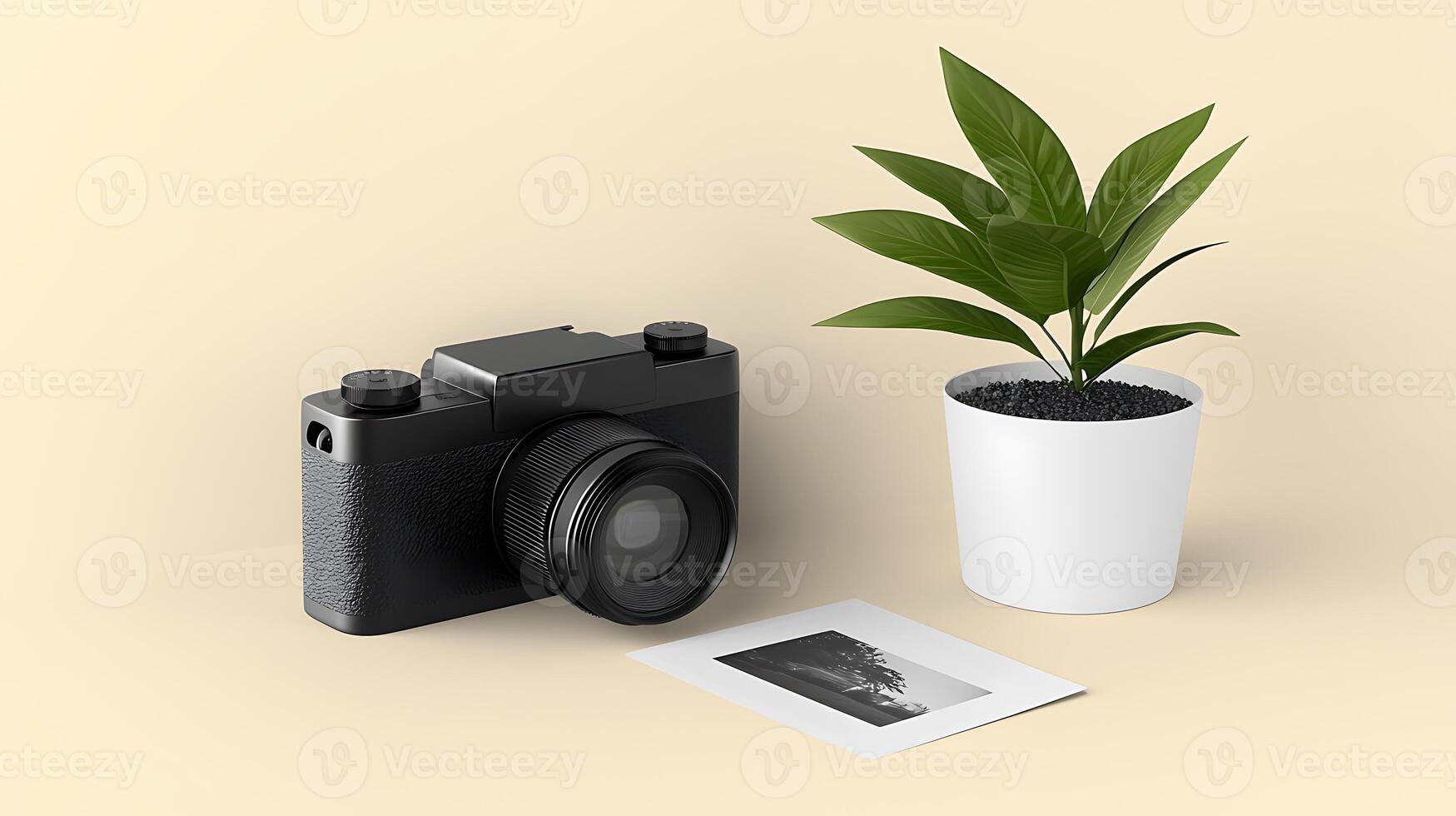 A stylish camera beside a potted plant and a printed photograph on a soft background photo
