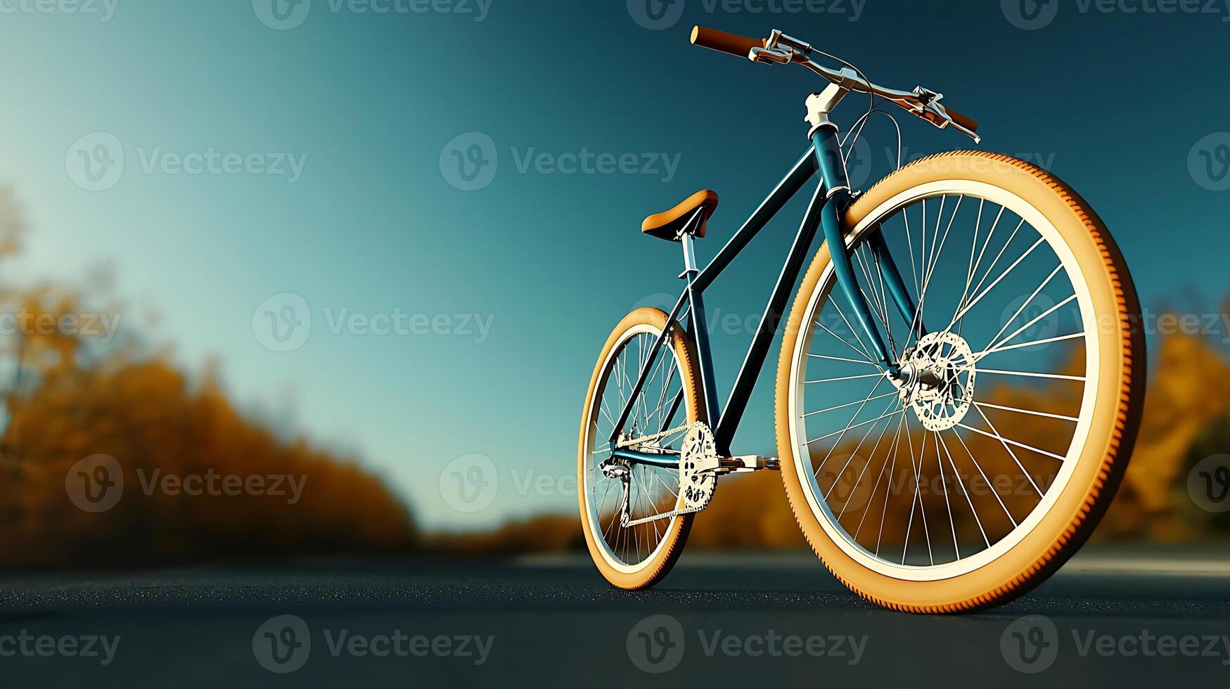 A stylish bicycle parked on a quiet road surrounded by autumn foliage under a clear sky photo