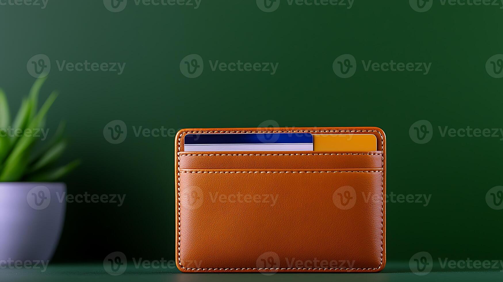 A stylish brown wallet with cards peeking out, placed on a green background with a plant photo
