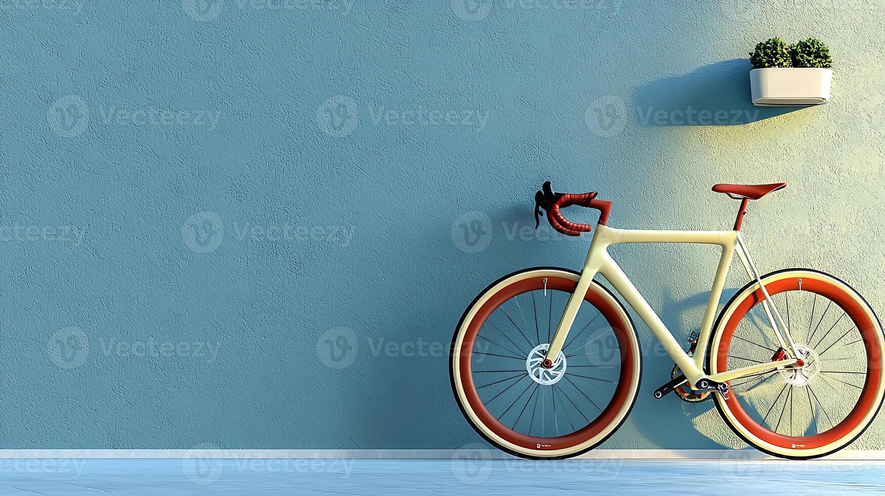 A stylish bicycle parked against a minimalist blue wall with a small plant above it photo
