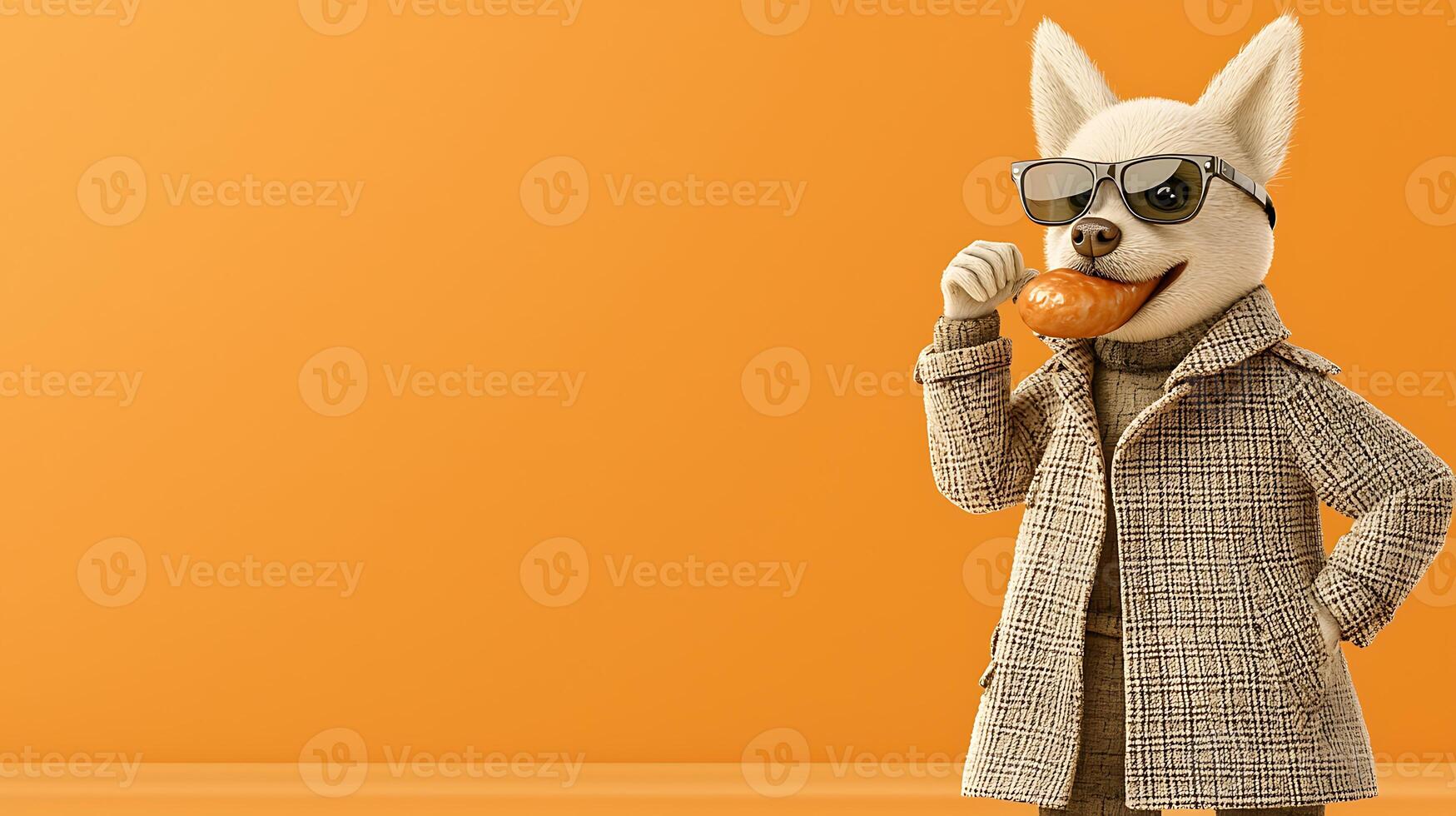 A stylish dog character wearing sunglasses and a coat, enjoying a donut against a vibrant orange backdrop photo