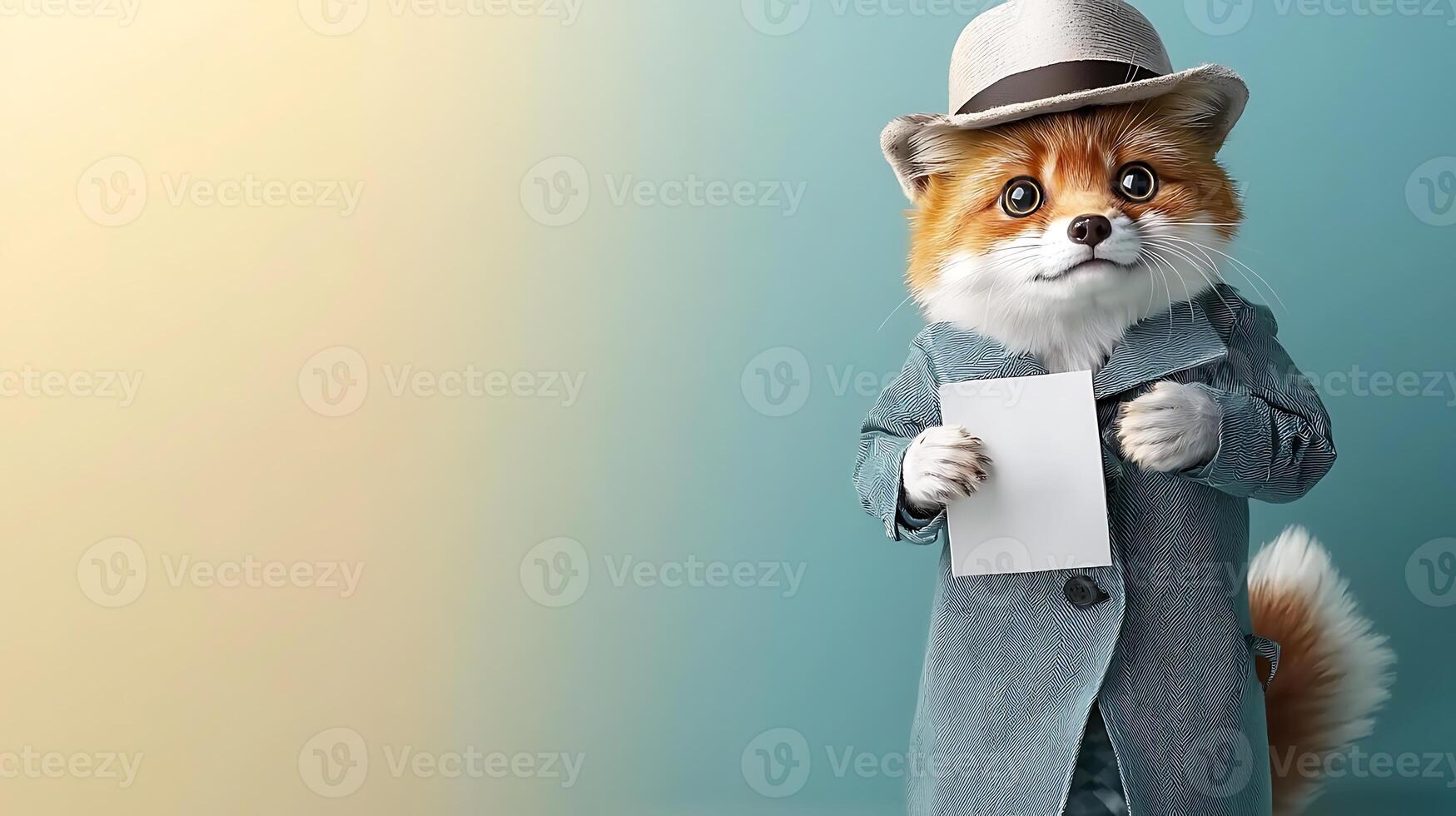 A stylish dog in a trench coat and hat holds a blank card against a gradient background photo