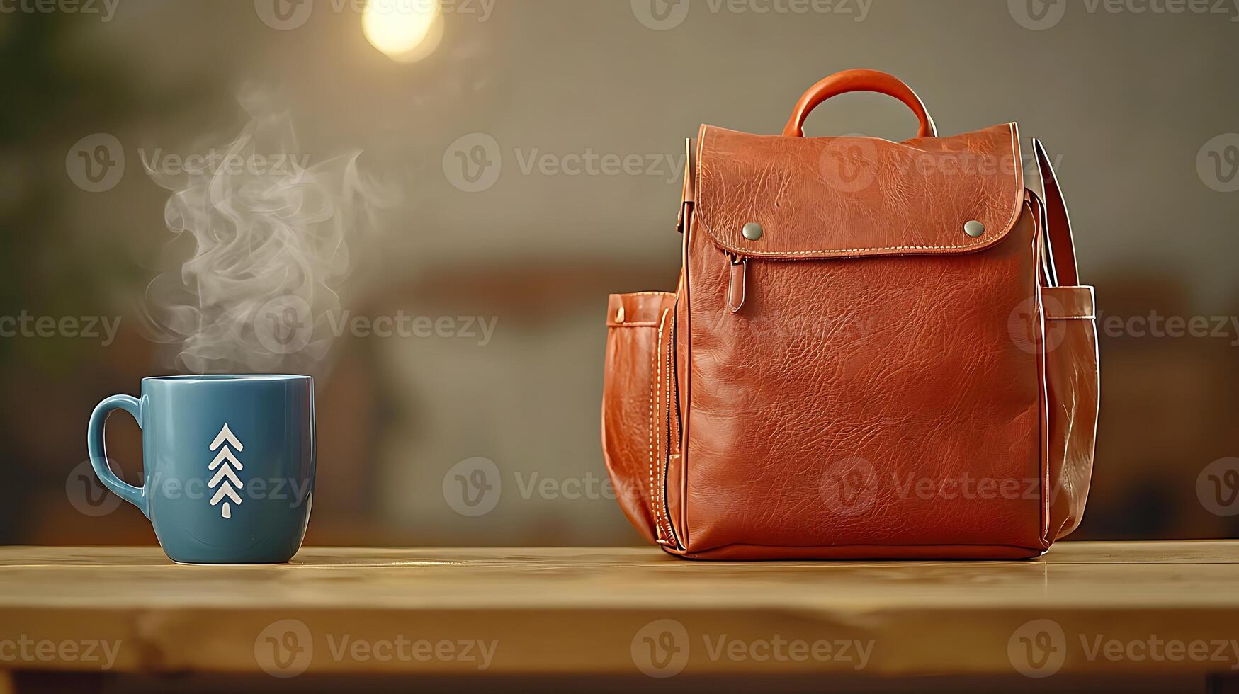 A stylish orange leather backpack sits beside a steaming blue mug on a wooden table photo
