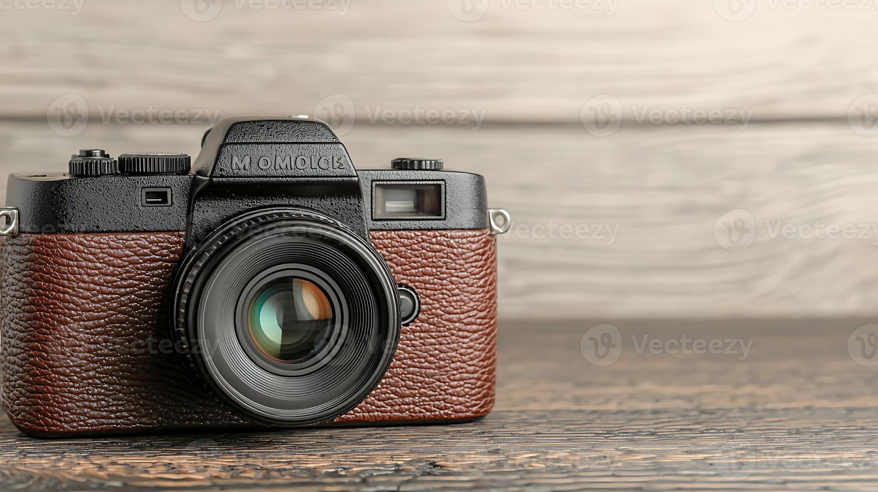 A stylish vintage camera on a rustic wooden table, capturing the essence of photography photo