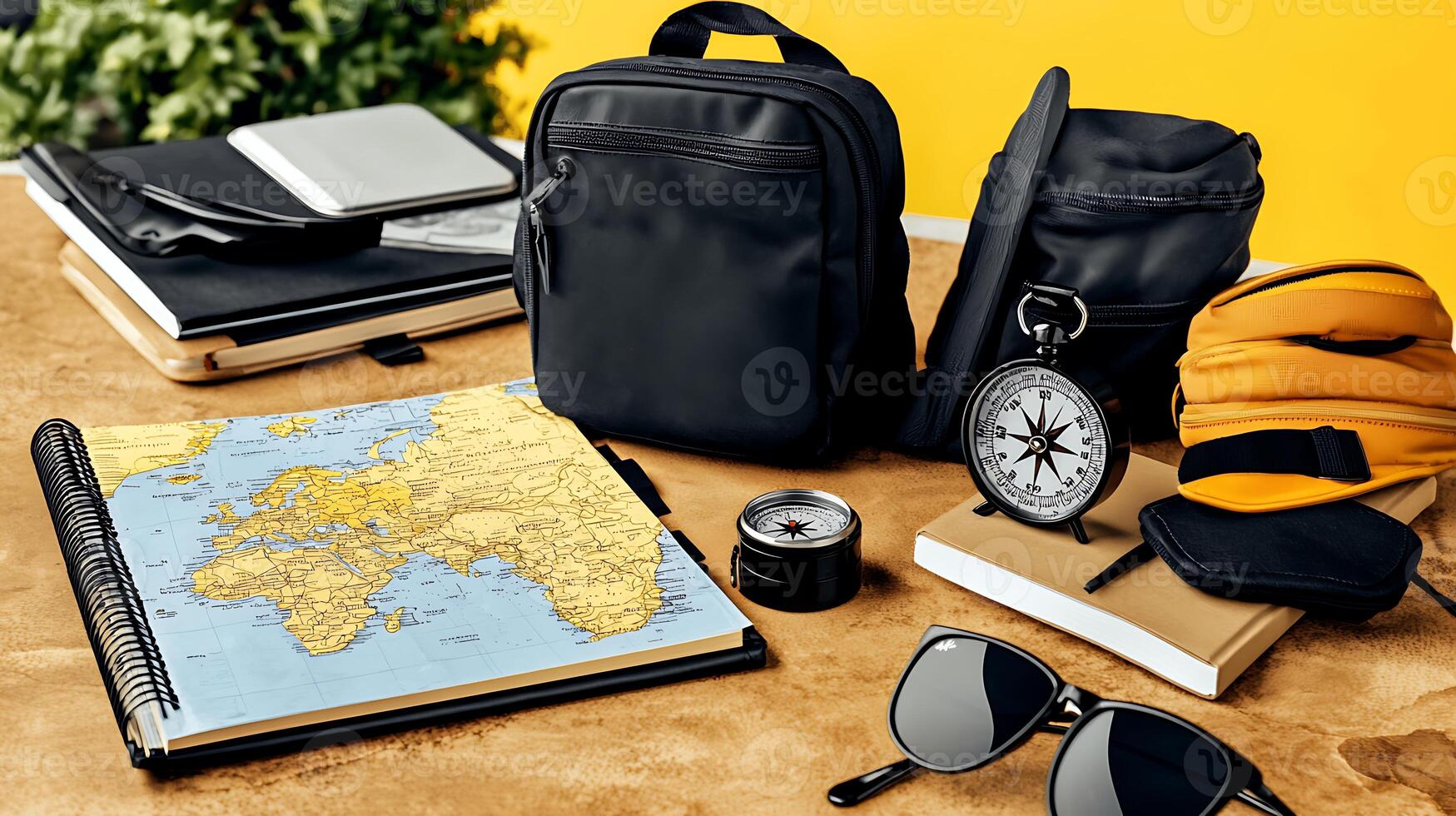 A stylish travel setup featuring a map, compass, sunglasses, and backpacks on a wooden table photo