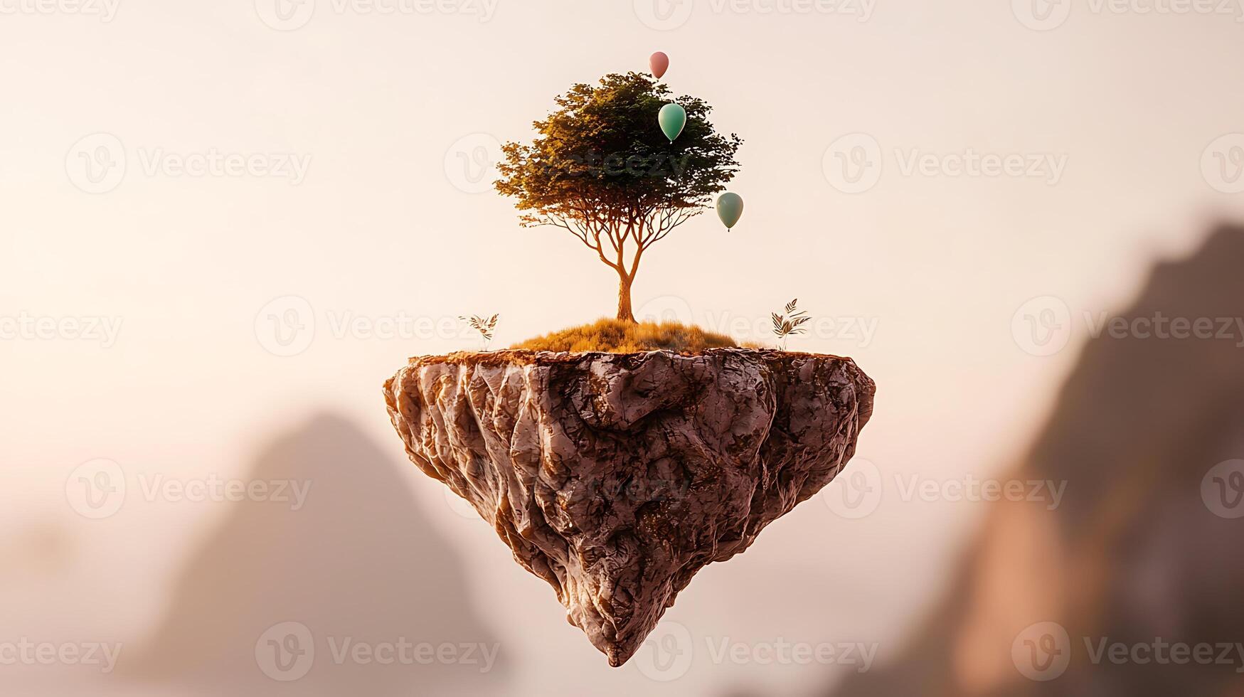 A surreal floating island with a tree and colorful balloons against a dreamy landscape backdrop photo