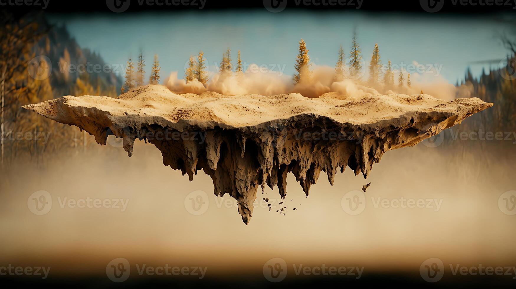A surreal floating island above a misty landscape with trees and mountains in the background photo