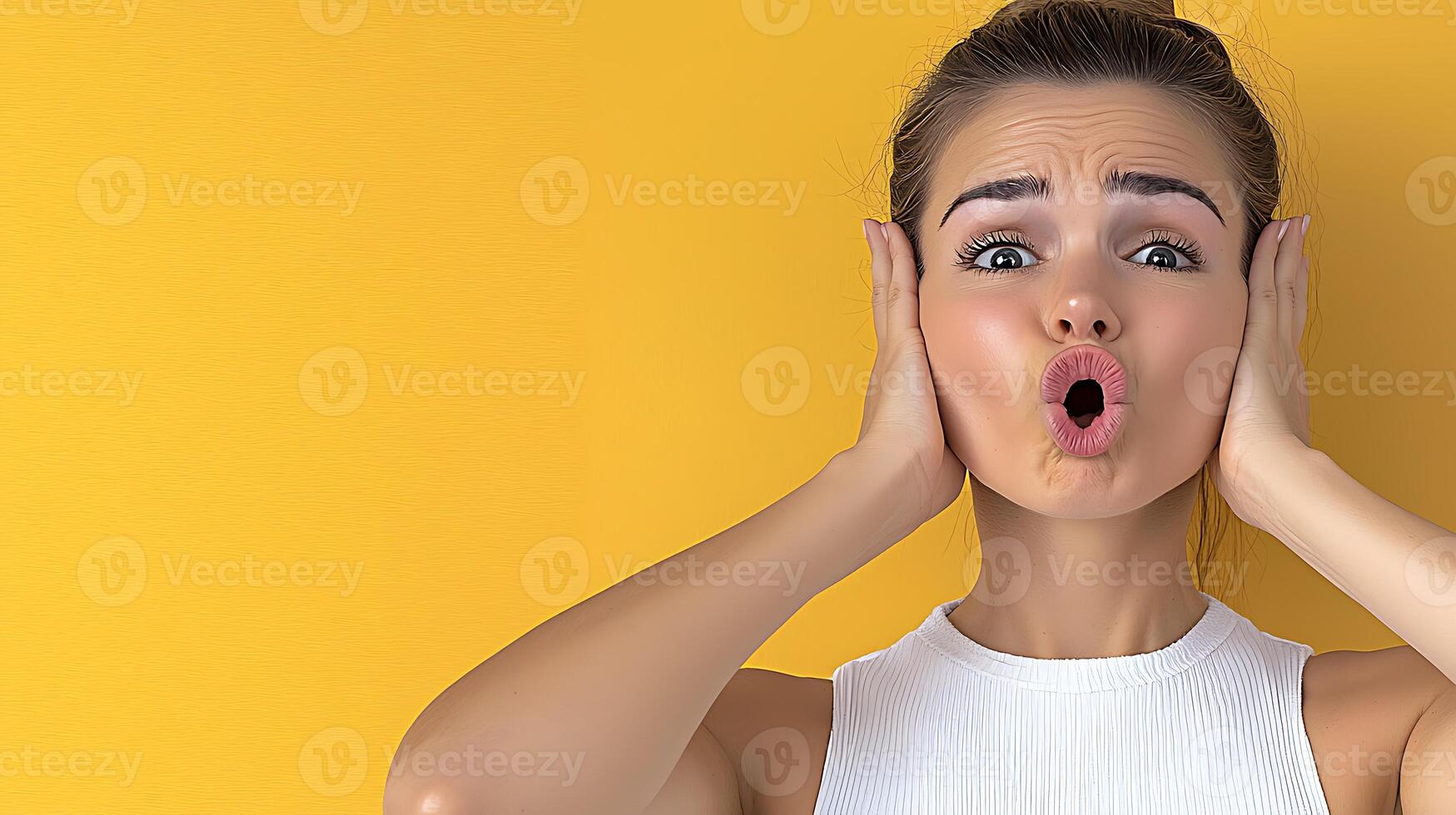 A surprised woman with hands on her cheeks against a bright yellow background expressing shock photo