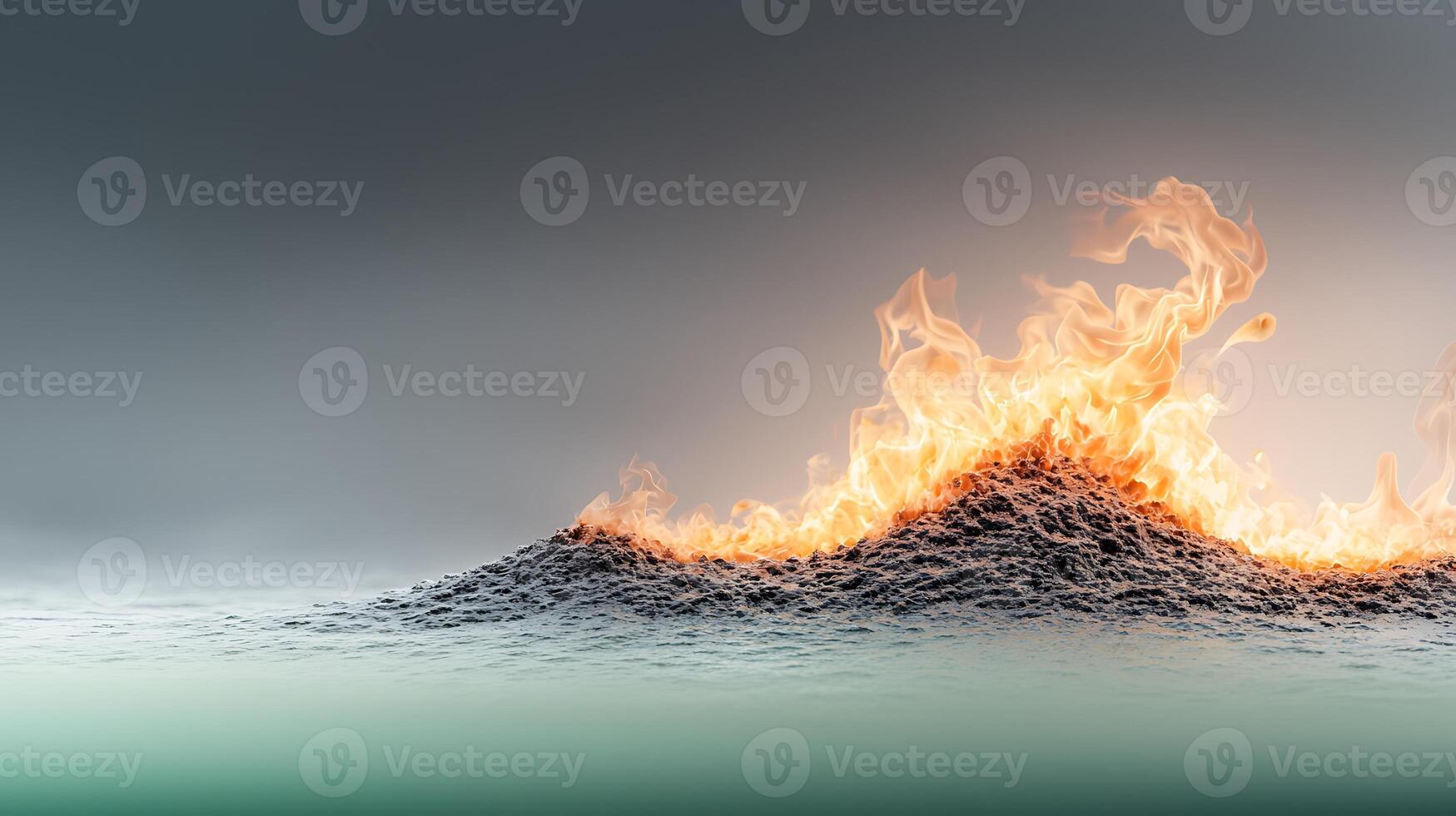 A surreal scene depicting flames rising from a textured surface, creating a dramatic contrast photo