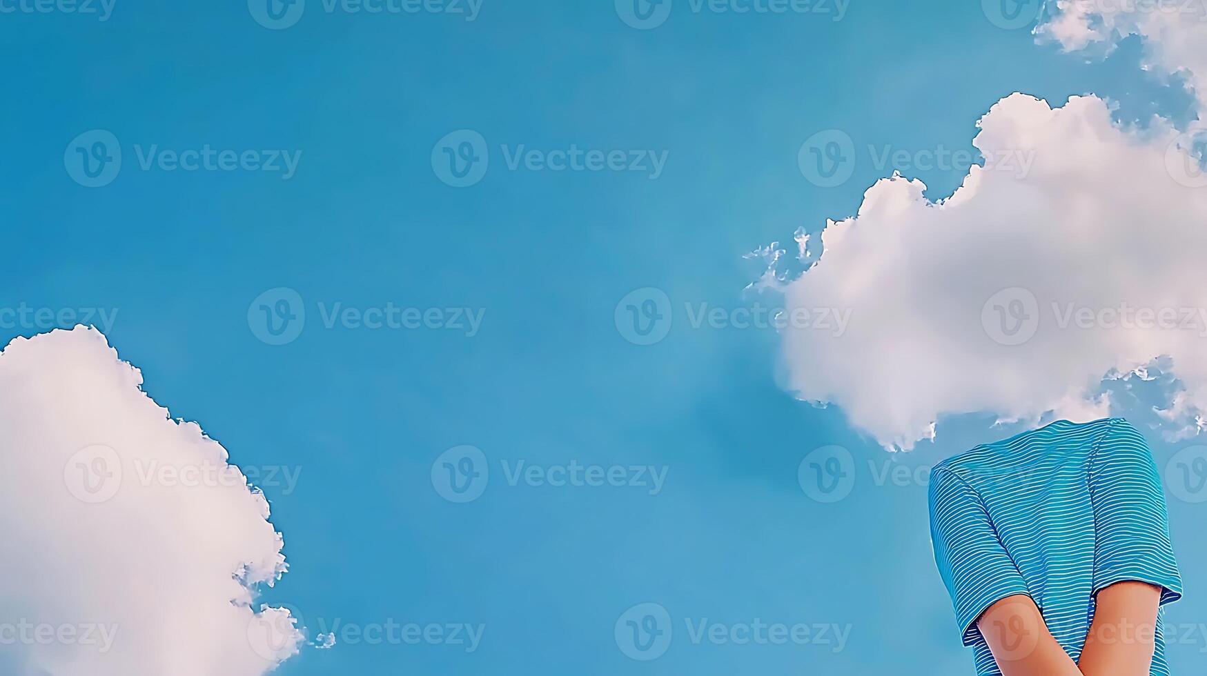 A surreal scene featuring a person with a cloud for a head against a bright blue sky photo