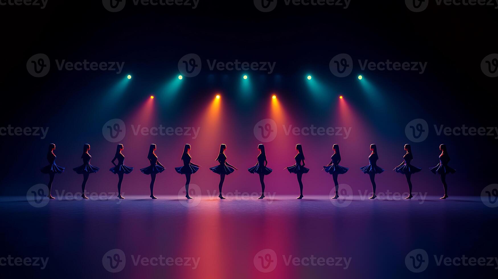 A synchronized line of ballet dancers performing under colorful stage lights in a theater photo