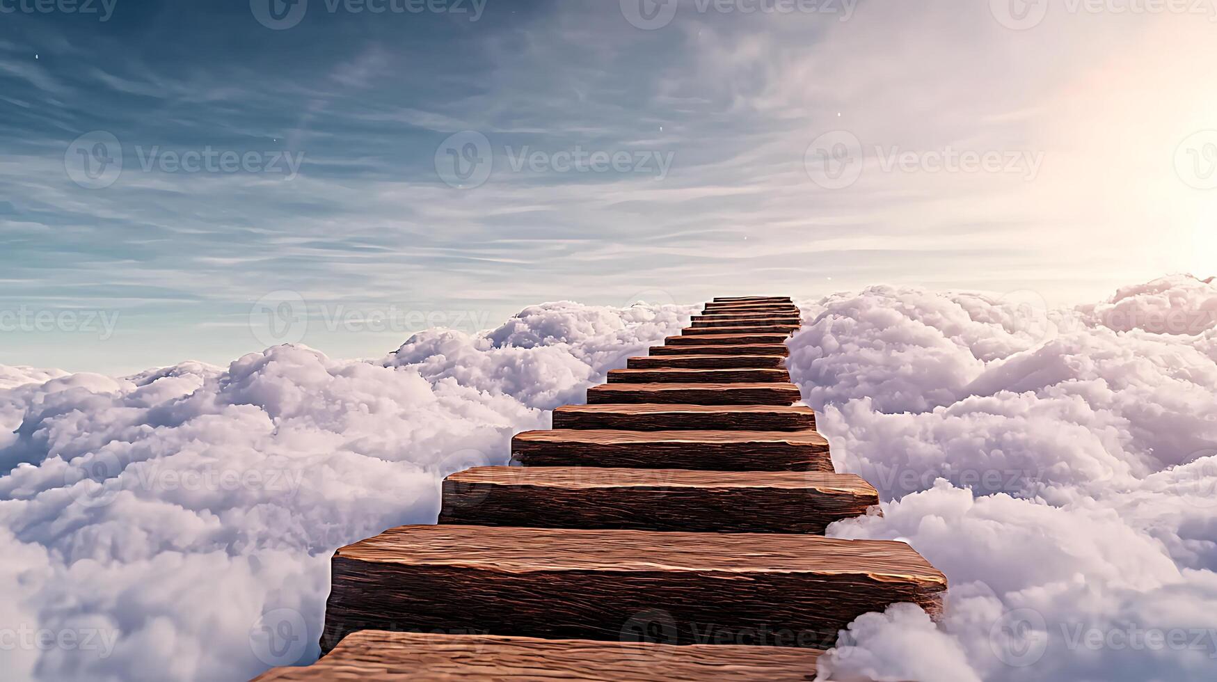 A surreal staircase ascending through fluffy clouds under a serene sky at sunset photo