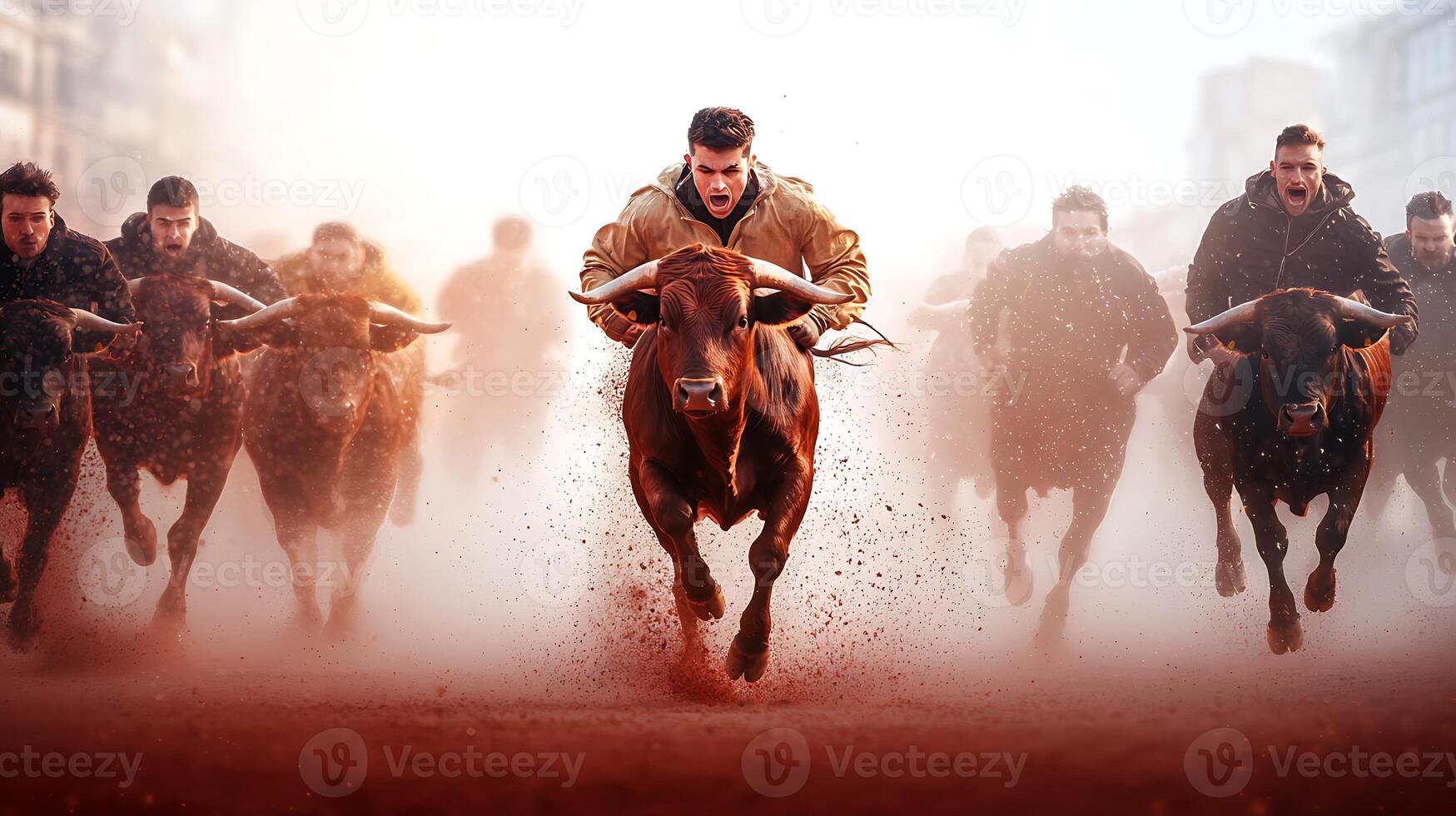 A thrilling bull run with a determined man sprinting alongside charging bulls in a dusty urban setting photo