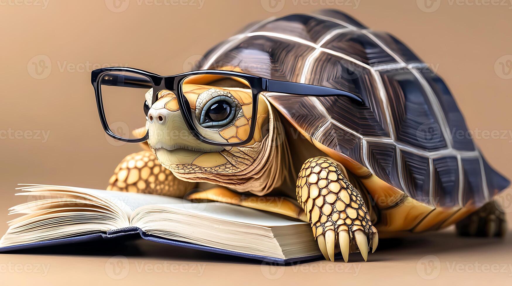 A tortoise wearing glasses reads an open book on a smooth surface, showcasing a whimsical scene photo