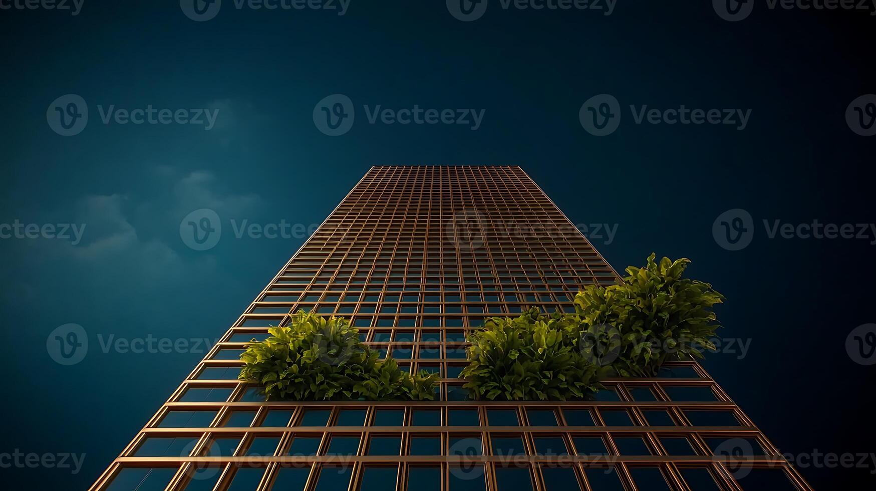 A towering skyscraper with greenery integrated into its design against a night sky backdrop photo