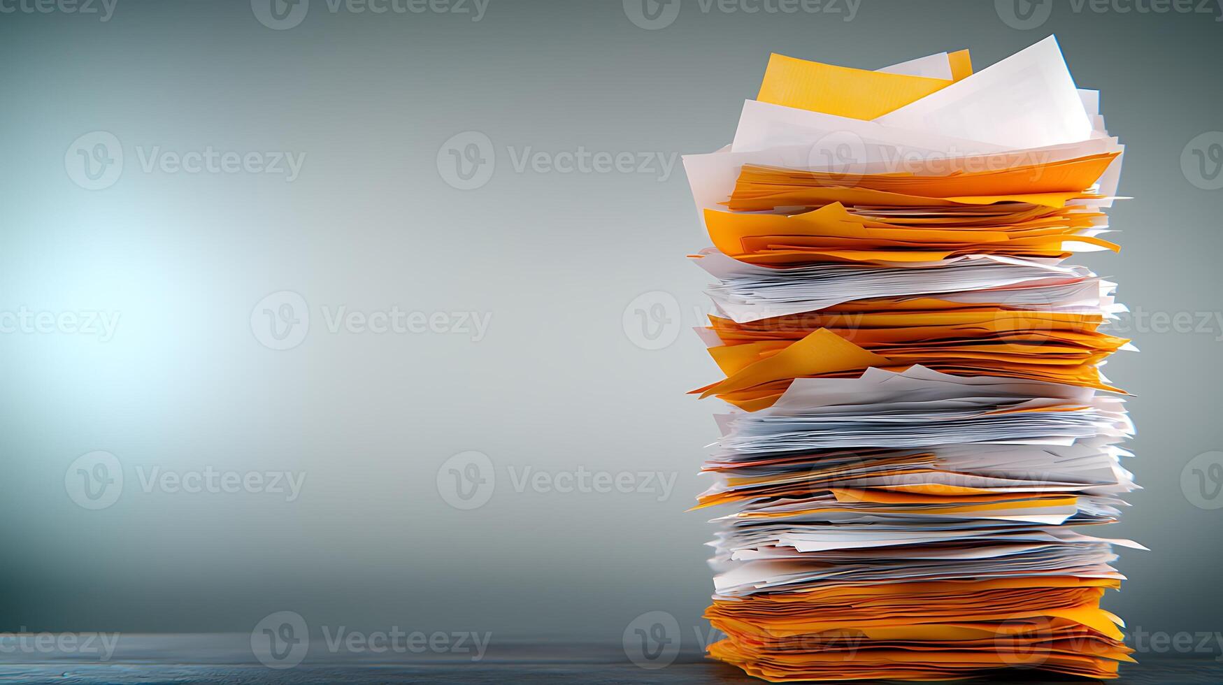 A towering stack of disorganized paperwork against a soft gray background, suggesting chaos photo