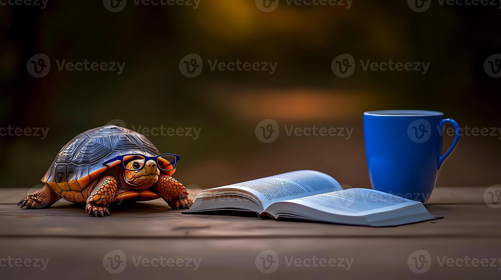 A turtle wearing glasses reads a book beside a blue mug on a wooden table in a serene park photo