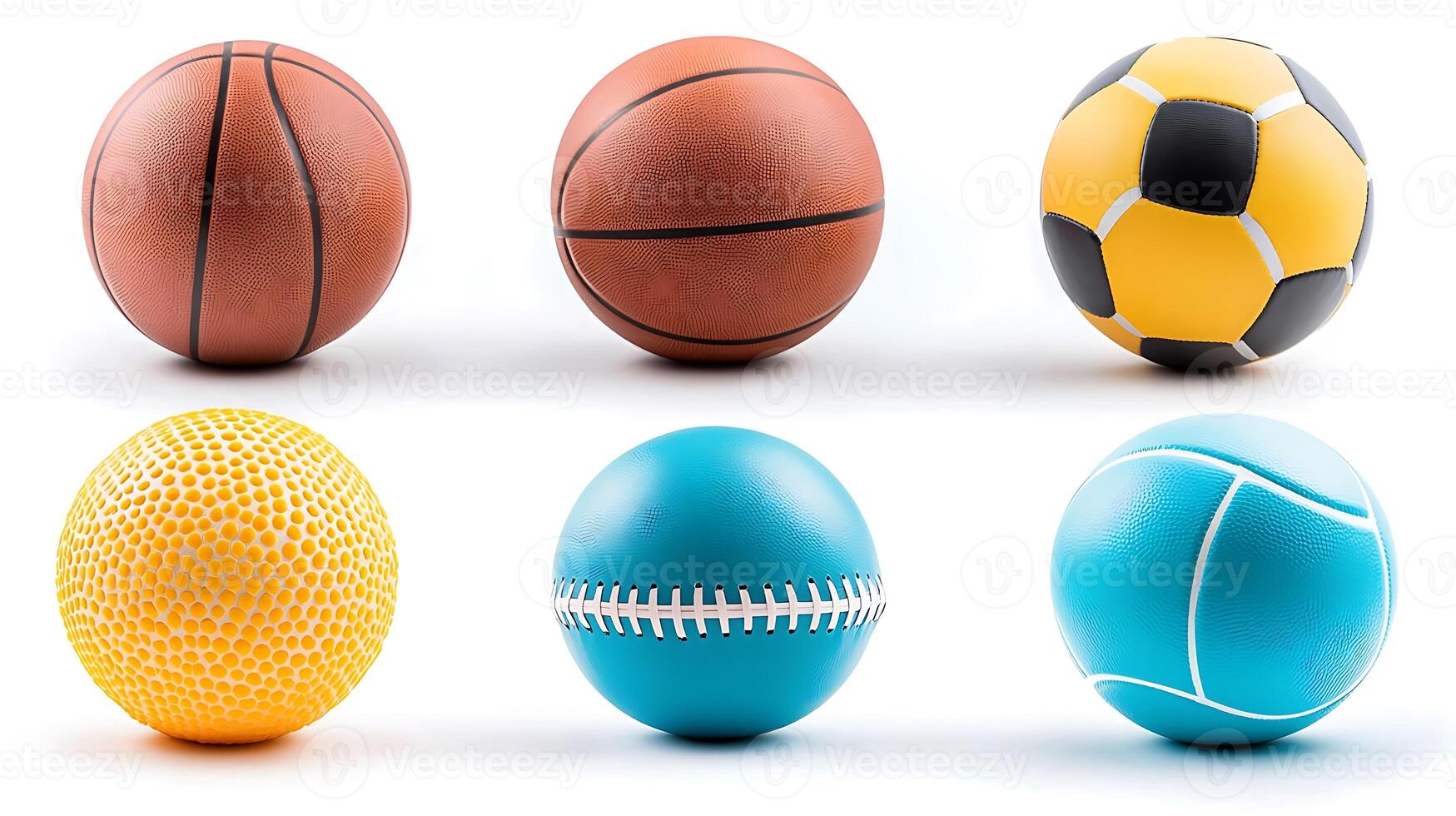 A variety of sports balls including basketball, soccer, and tennis balls arranged on a white background photo