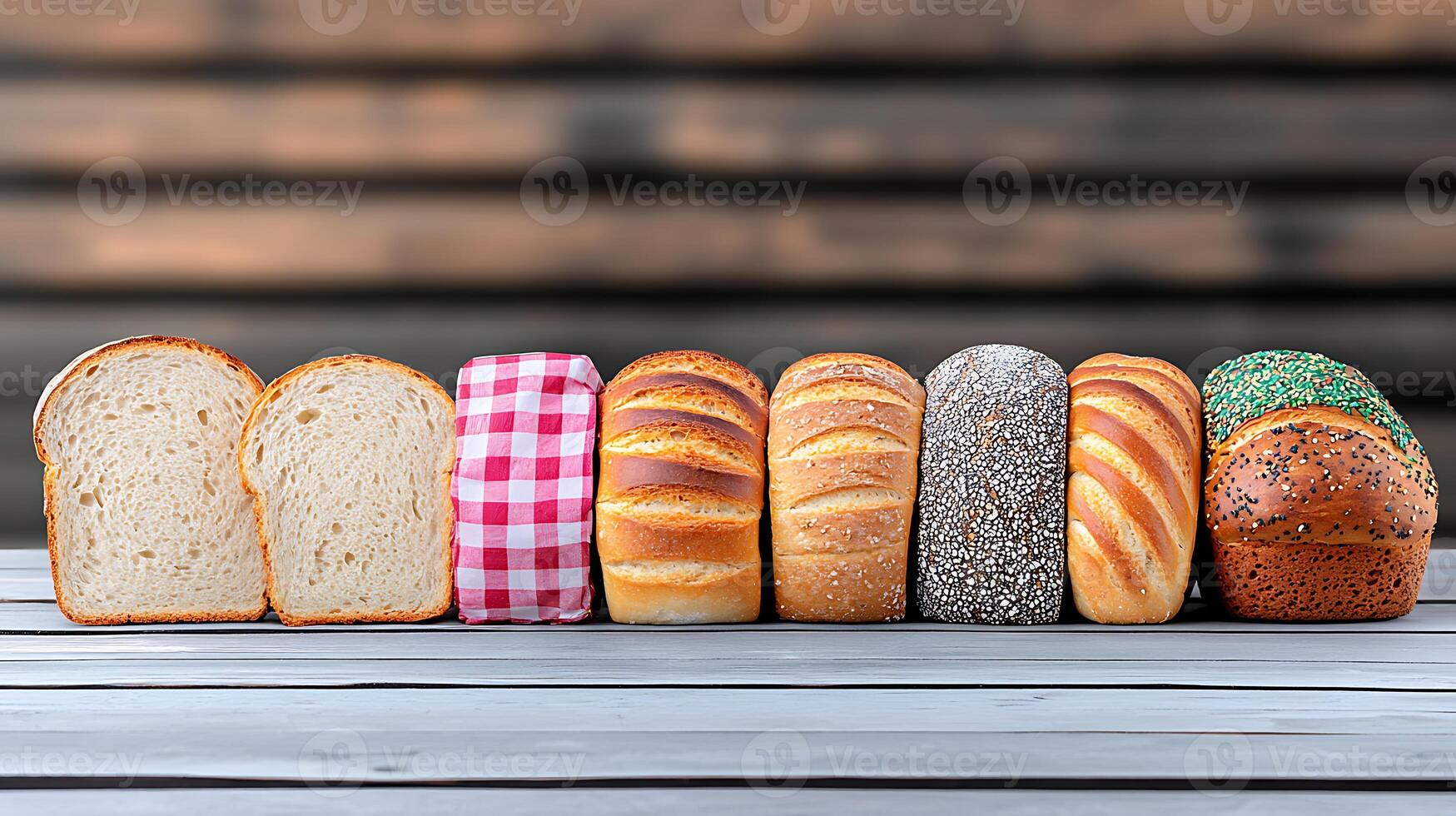 A variety of freshly baked bread loaves displayed on a wooden table with a rustic background photo