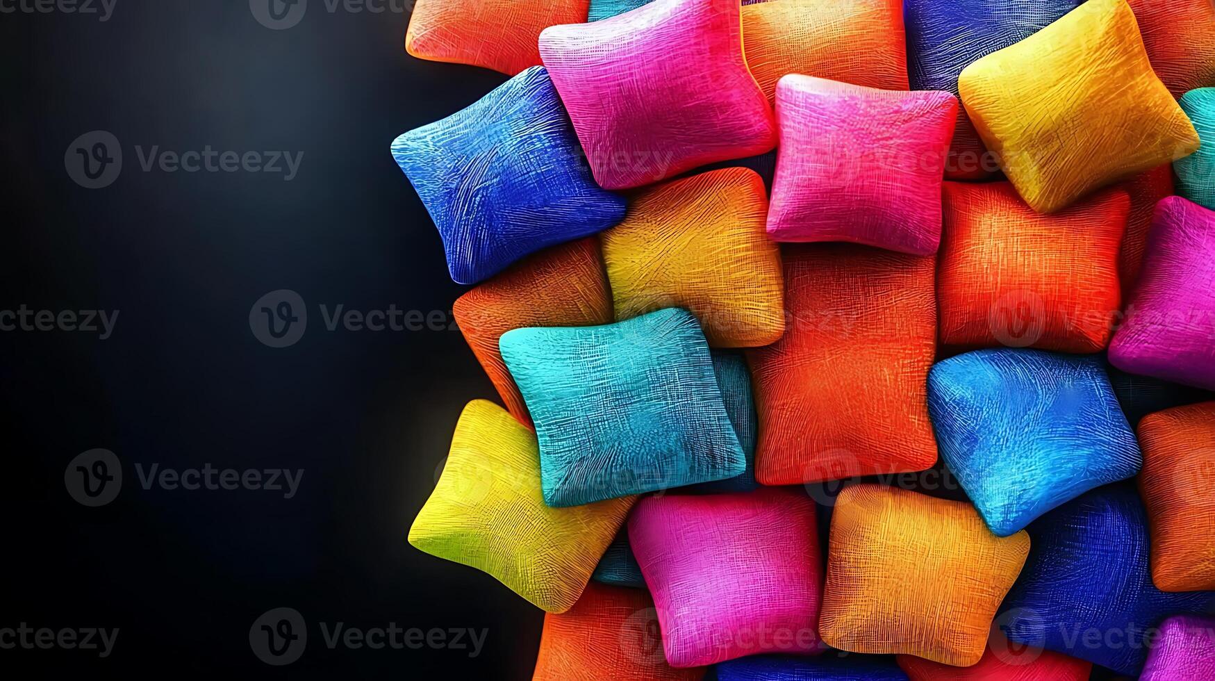 A vibrant arrangement of colorful pillows stacked against a dark background, showcasing texture photo