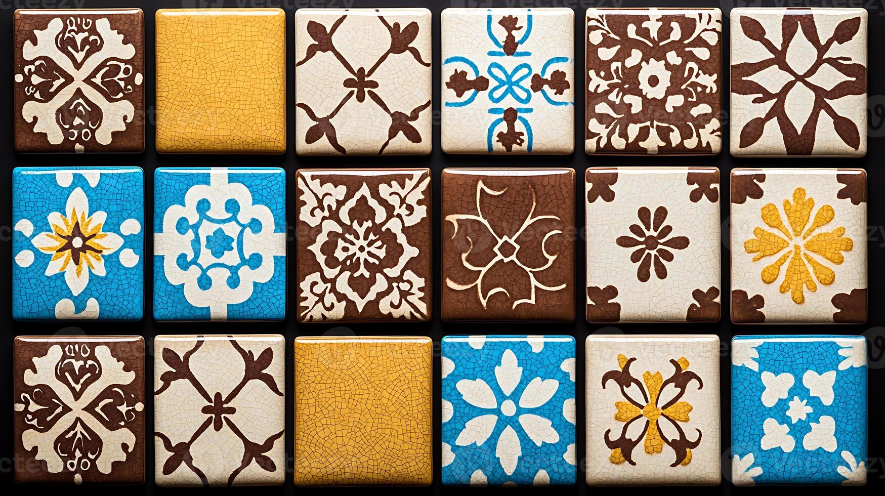 A vibrant arrangement of decorative tiles showcasing intricate patterns and colors photo