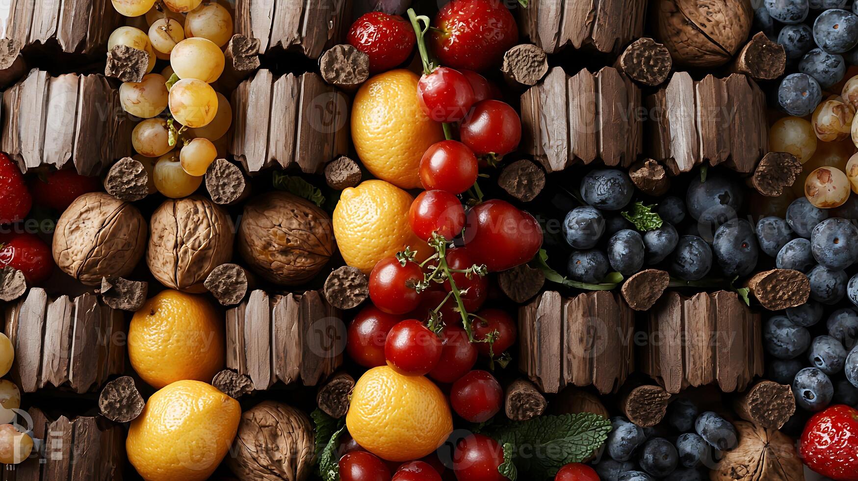 A vibrant arrangement of fresh fruits and nuts interspersed with chocolate bars, showcasing a colorful and appetizing display ideal for culinary inspiration photo