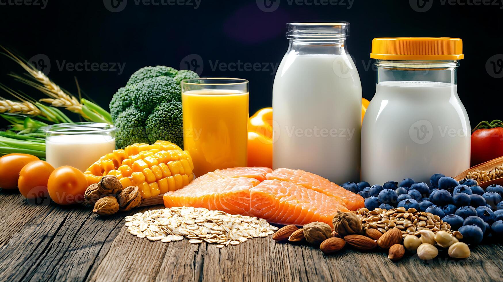 A vibrant arrangement of nutritious foods including salmon, dairy, fruits, and vegetables on a wooden table photo