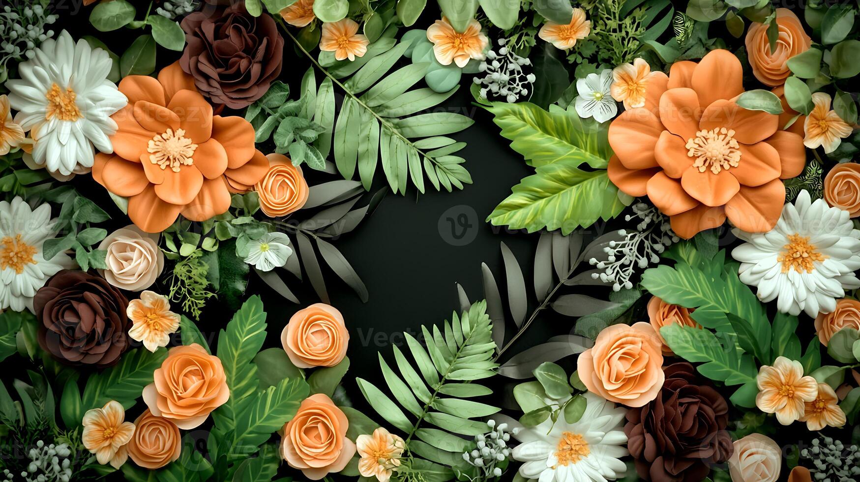 A vibrant arrangement of orange, white, and green flowers framed against a dark background photo