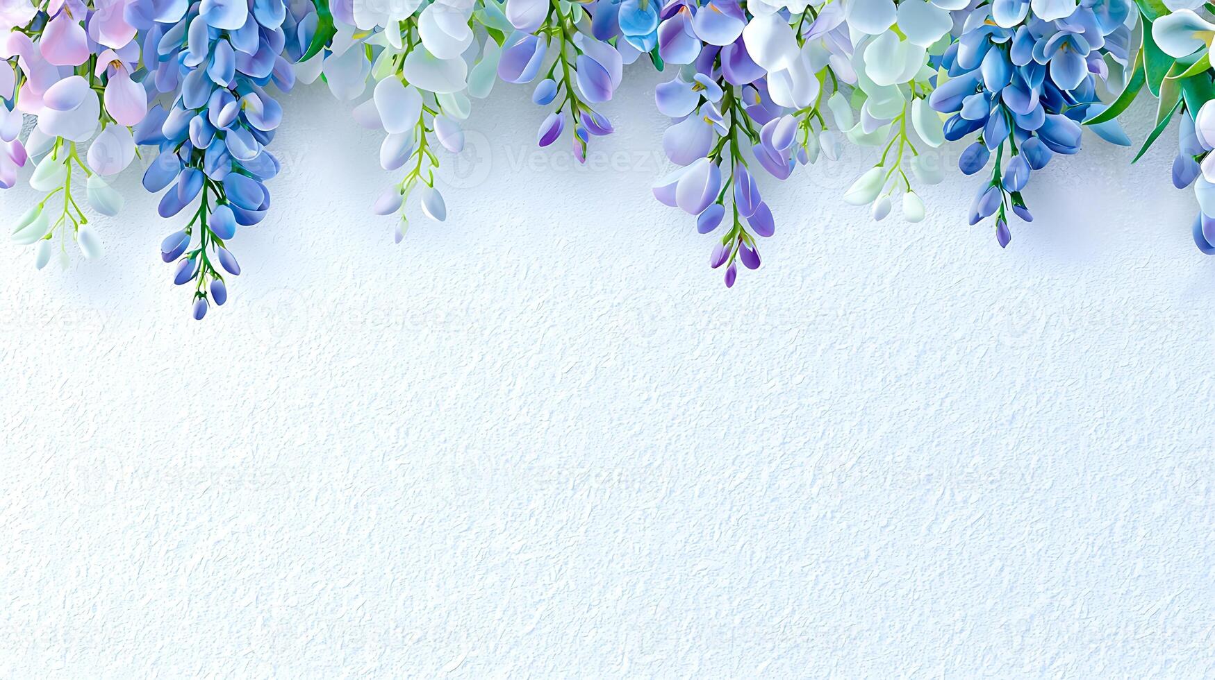 A vibrant arrangement of purple and blue wisteria flowers cascading against a textured white background photo