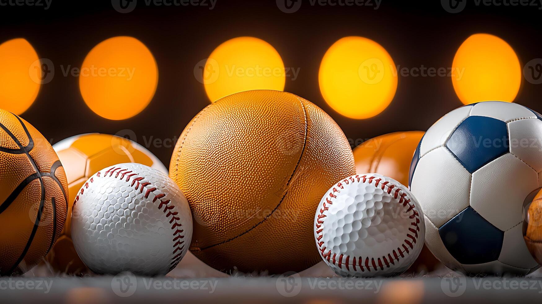 A vibrant arrangement of various sports balls on a soft surface with blurred lights in the background photo