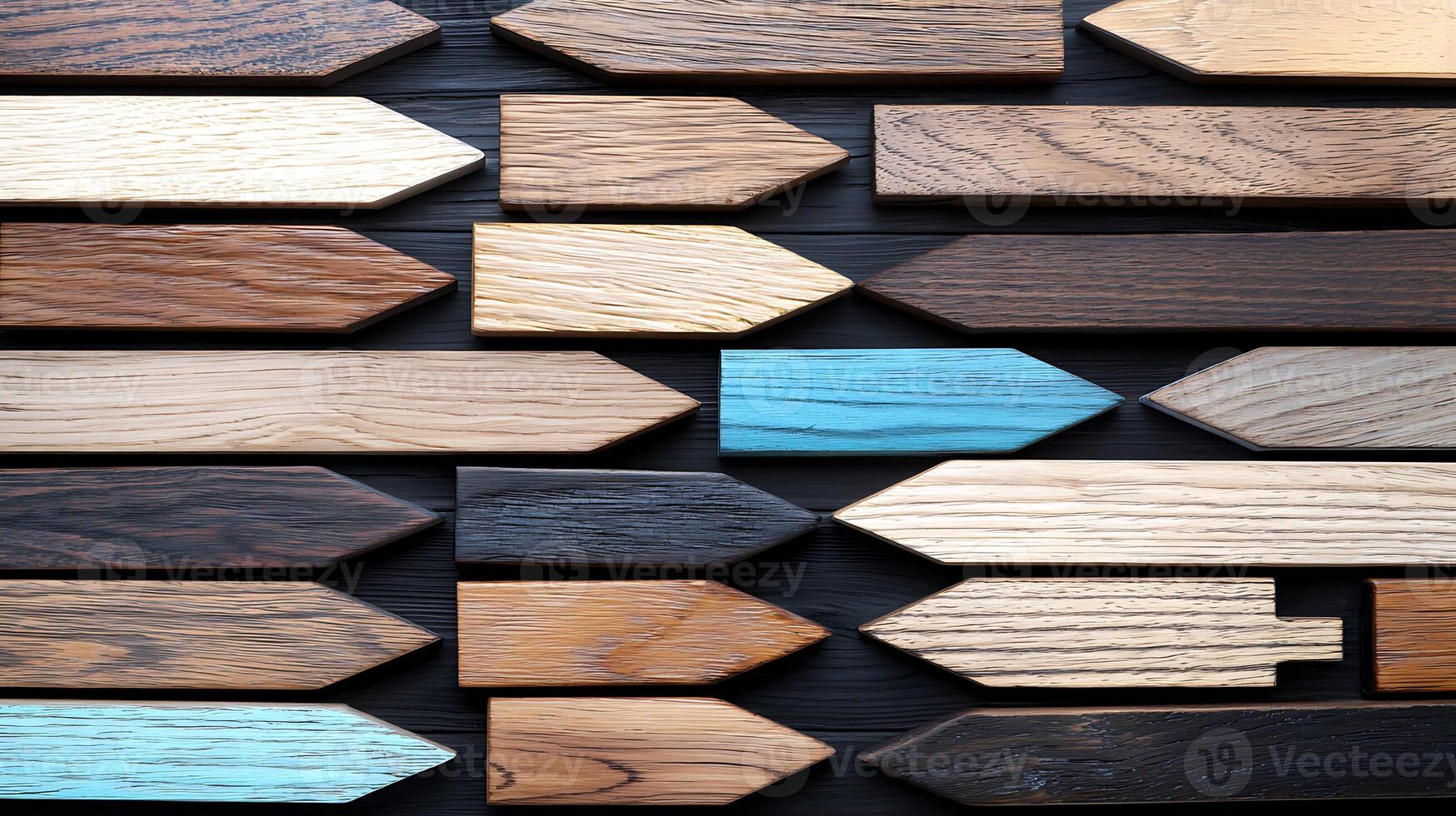 A vibrant arrangement of wooden arrows in various colors and textures on a dark surface photo