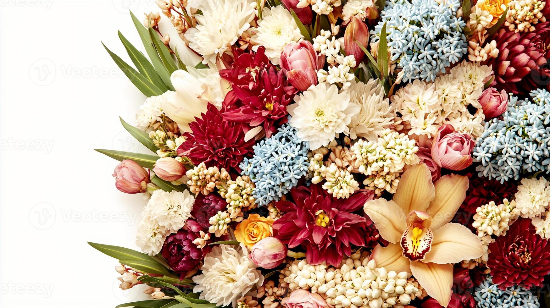 A vibrant arrangement of various flowers including tulips and orchids on a white background photo