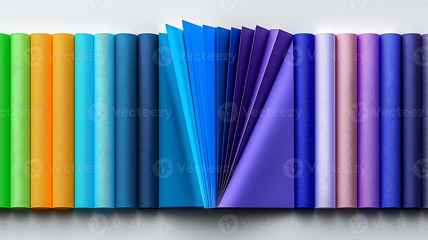 A vibrant array of fabric rolls arranged in a gradient from green to blue, showcasing texture and color photo