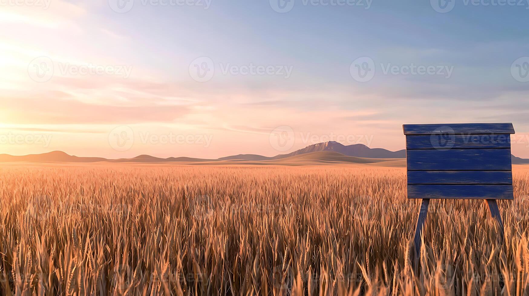 A vibrant blue beehive stands in a golden wheat field under a serene sunset sky photo